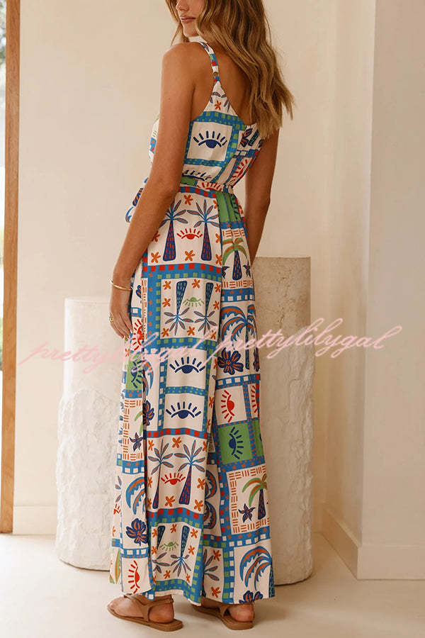Stylish Beach Vacation Print V-Neck Suspenders Wide Leg Jumpsuit - Perfect for Summer Outings, Vacations & Casual Wear