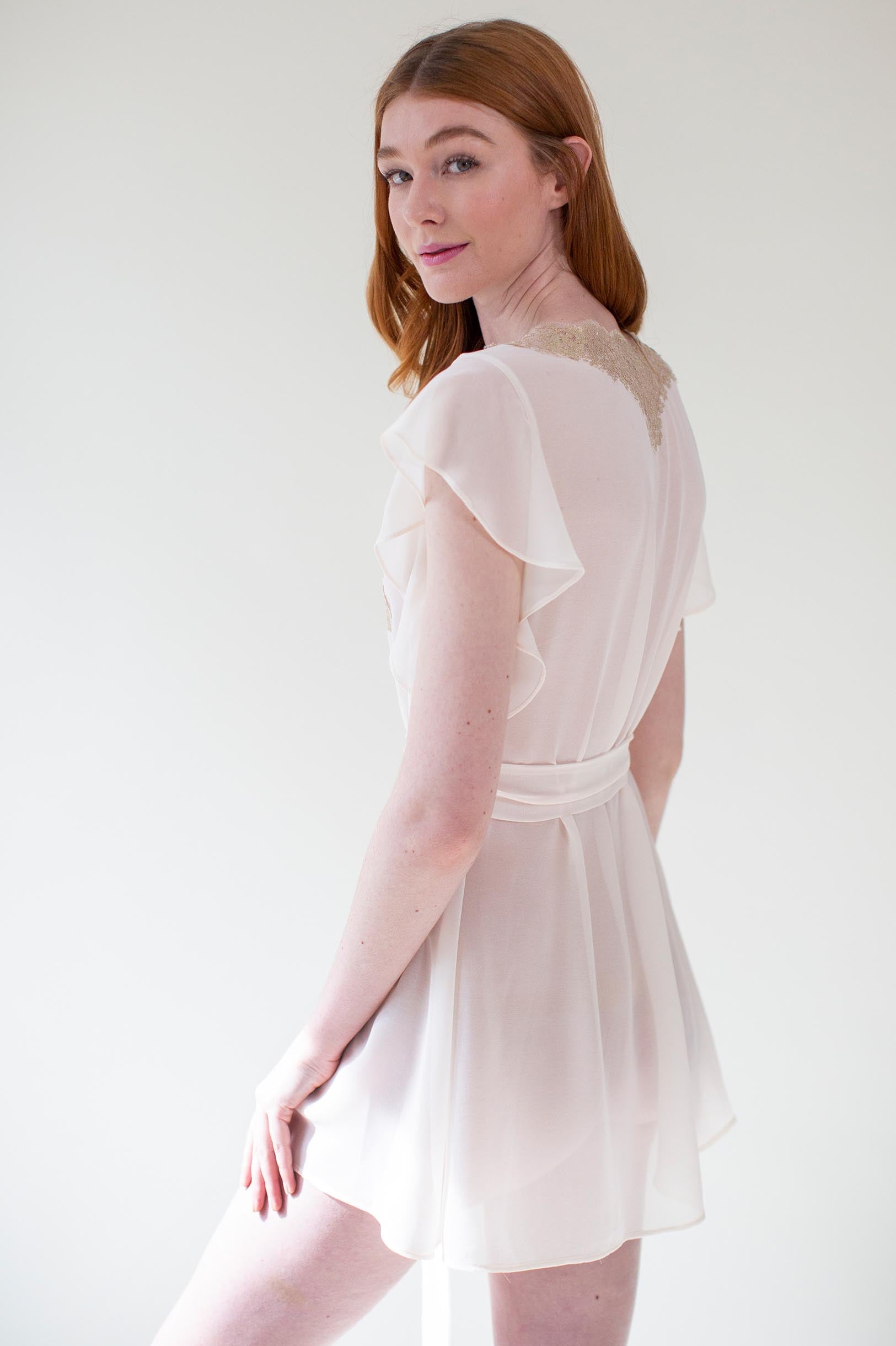Elegant Honey Flutter Sleeves French Lace Robe in Rose Gold - Perfect for Bridal Shower, Wedding Party & Romantic Date Nights
