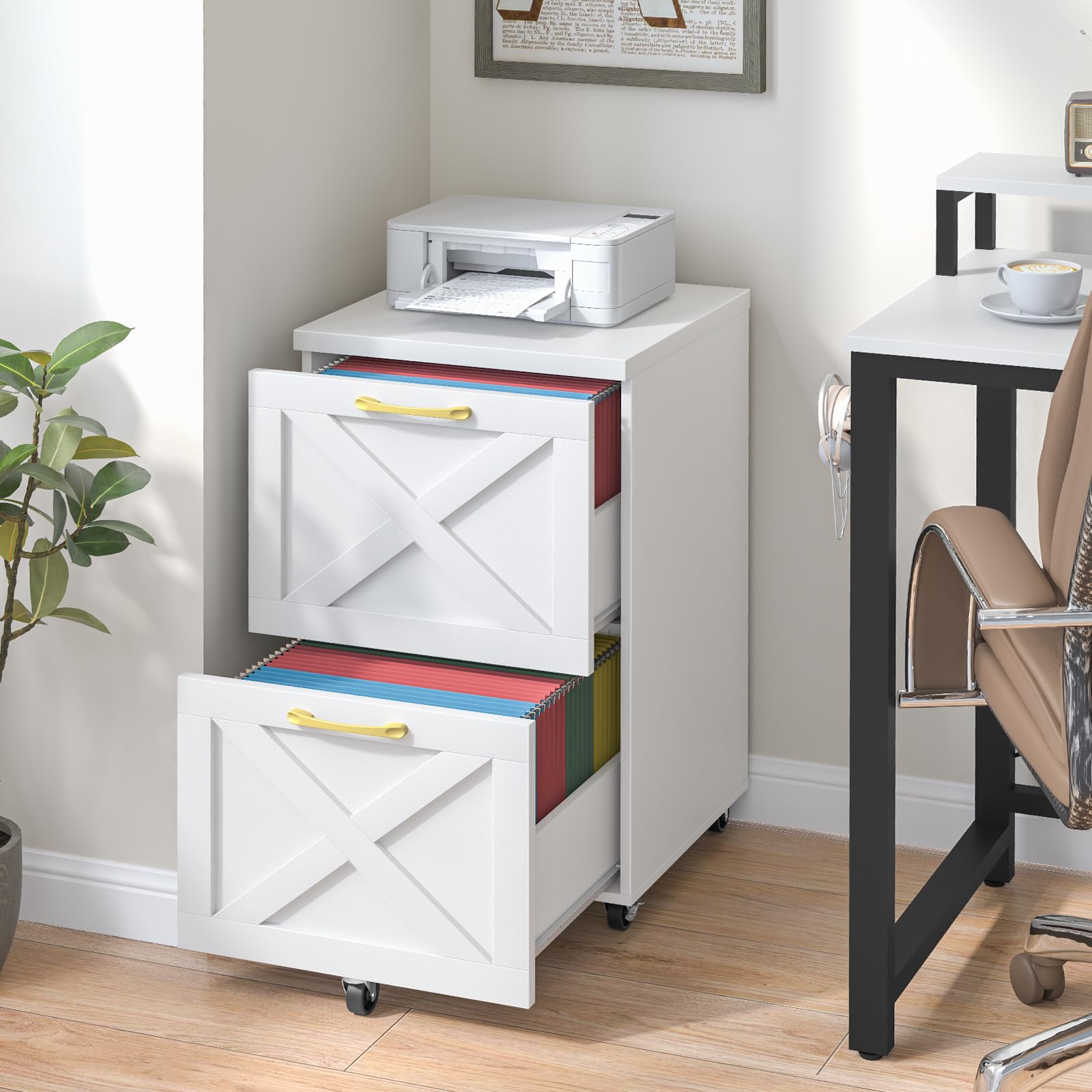 2 Drawer Small File Cabinet with Wheels - Farmhouse Vertical Filing Cabinet for A4 & Letter Size - Under Desk Rolling File Organizer for Home Office - Wooden Printer Stand (White) - Perfect for Organizing Documents & Saving Space in Small Offices