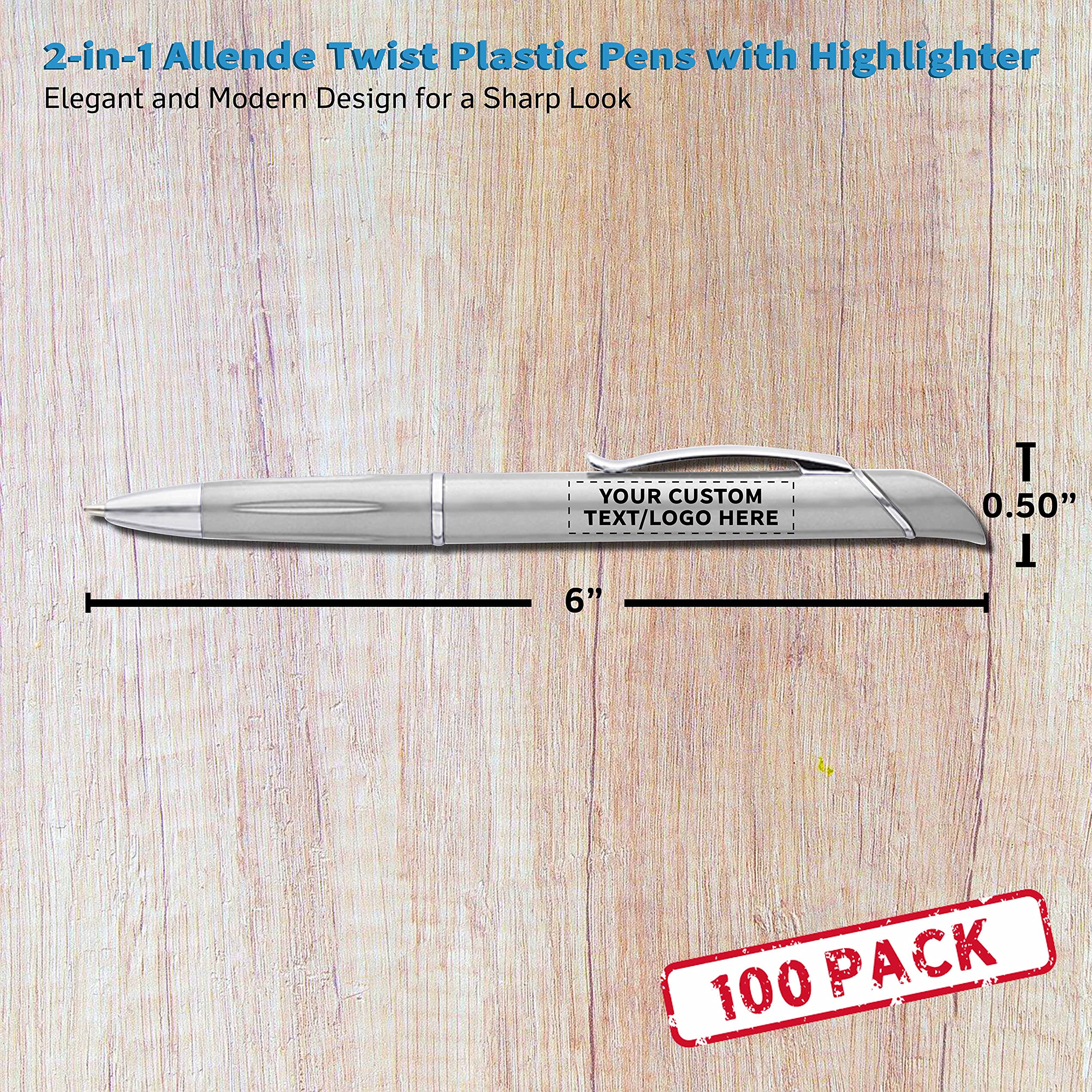100 Pack Allende Twist Plastic Pens with Highlighter - Custom Text & Logo Printing - Durable Black Ink Ballpoint Pens for Office, School & Business Promotions - Bulk Promotional Pens for Corporate Gifts & Events
