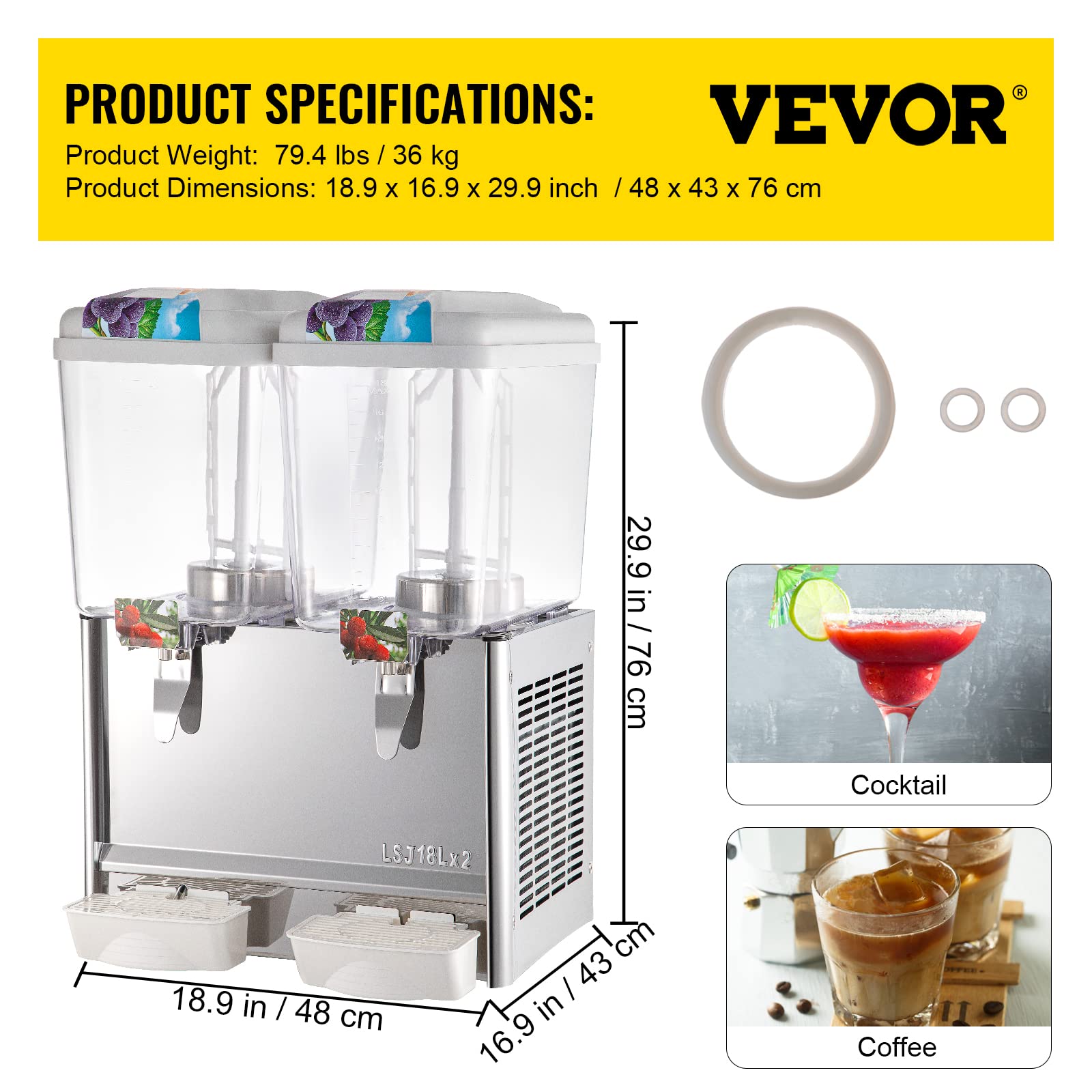VEVOR 9.5 Gallon Commercial Beverage Dispenser - 2 Tanks, 300W, Stainless Steel, Food Grade, with Thermostat Controller - Perfect for Cold Drinks, Iced Tea, Lemonade at Restaurants, Cafes, Parties & Events