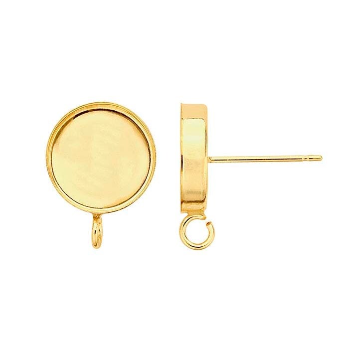 14K/20K Yellow Gold Filled Round Cabochon Post Earrings (6mm-10mm) with Open Ring Setting - Stud Earring Mountings for Gemstones - Perfect for DIY Jewelry Making & Gift Giving