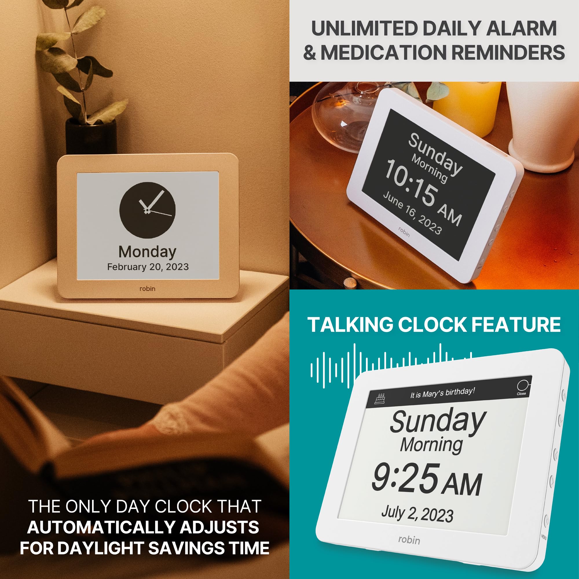 2024 Robin Digital Calendar Clock with Day & Date Display - Extra Large Dementia Clock for Seniors & Alzheimer's Patients - Mahogany Wood Bedside Clock for Elderly Care (Home, Nursing Home, Hospital Use)