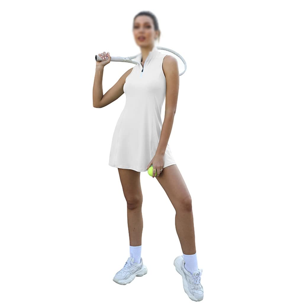 Women's Sleeveless Solid White Tennis Dress - X-Large Sport Training Mini Dress with Built-in Shorts for Golf, Badminton & Workouts | Breathable Athletic Wear for Summer Sports & Gym Sessions