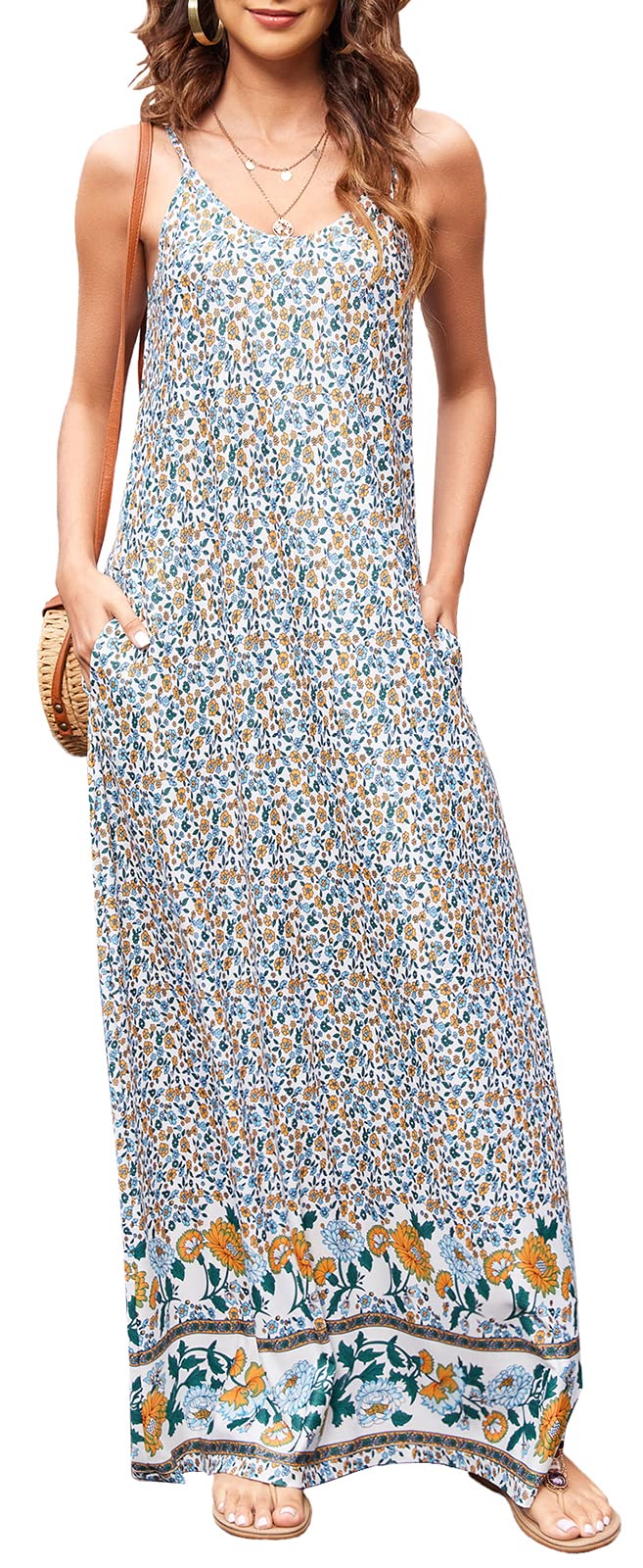 Bohemian Floral Print Women's Summer Maxi Dress with Spaghetti Straps & Pockets | Casual Beach Dress for Vacation, Party & Outdoor Date Night