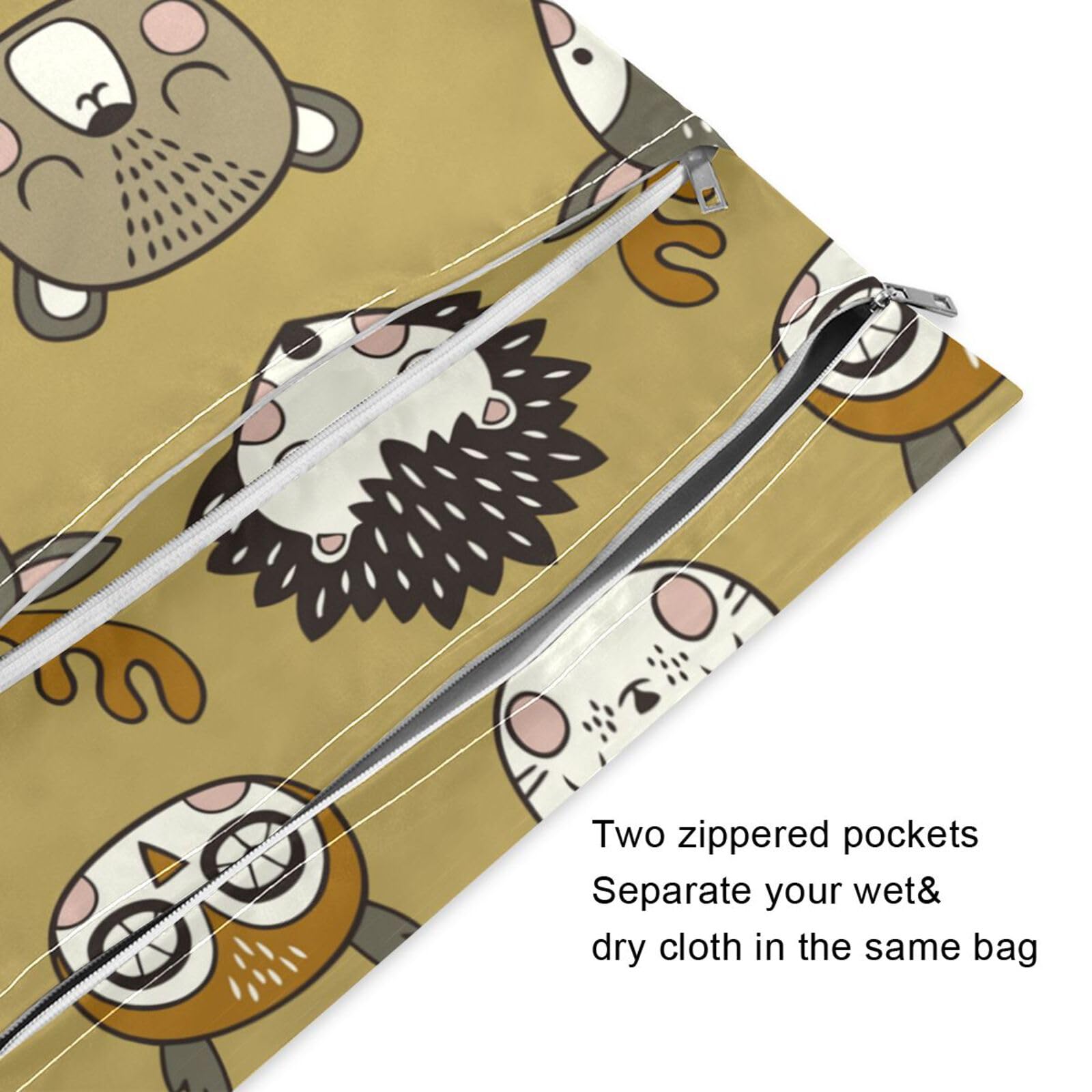 Waterproof Reusable Wet Dry Bags with Two Zippered Pockets - Cute Woodland Animals (Owl & Bear) Design - Perfect for Baby Diapers, Swimsuits & Dirty Clothes - Ideal for Travel, Beach, Pool & Gym - 2 Pack Baby Stroller Accessories & Storage Solution