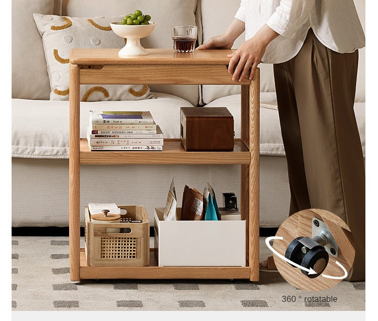 Solid Oak and Ash Wood Mobile Side Table - Portable End Table for Living Room, Bedroom, or Outdoor Use