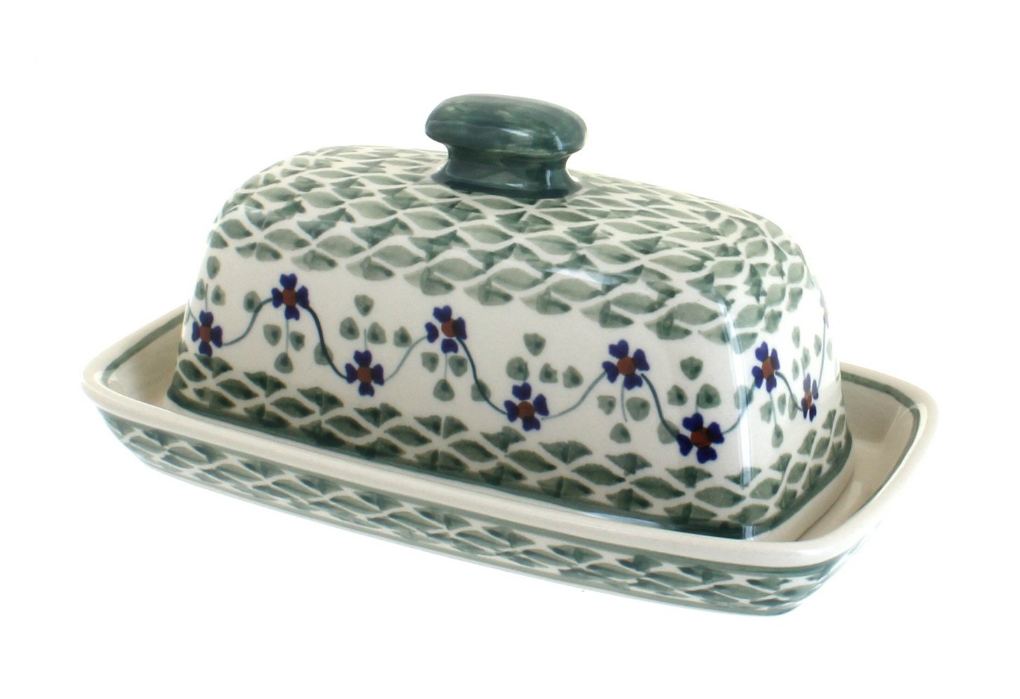Blue Rose Polish Pottery Sage Floral Butter Dish - Handmade Ceramic Butter Keeper with Lid for Kitchen, Dining Table & Gift Giving