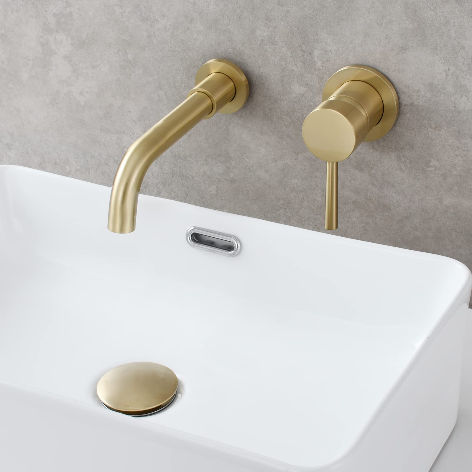 360° Rotating Wall Mount Faucet - Brushed Gold Brass Single Handle Vessel Mixer Tap for Bathroom Sink - Modern Waterfall Spout Design - Perfect for Small Bathrooms, Vanities & Vessel Sinks (Model BJ6083A)