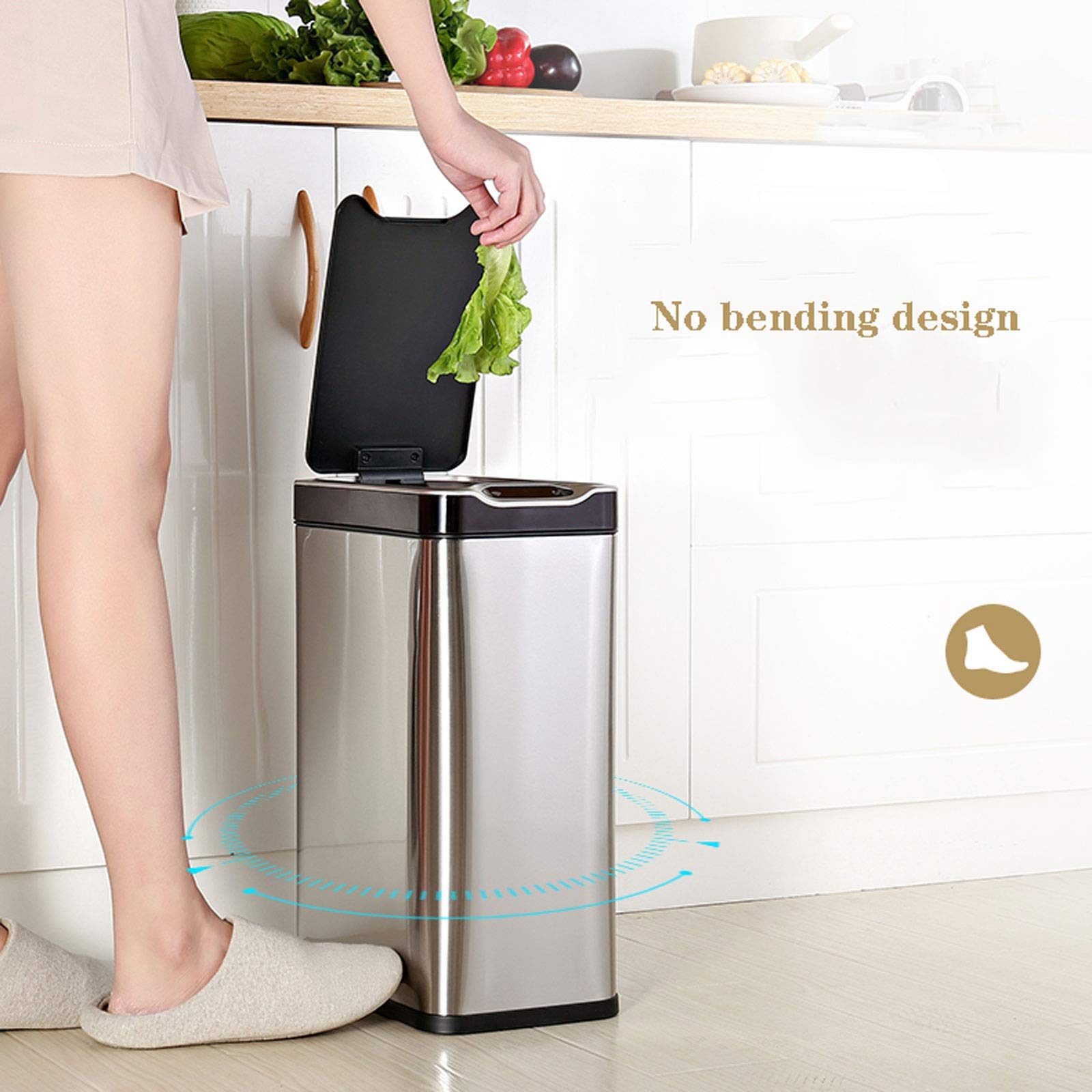 Stainless Steel Trash Can with Lid - 13 Gallon Square Kitchen Garbage Bin, Dual-Power (Battery/Charging) Smart Sensor Trash Can for Home & Office - Modern Waste Bin for Kitchen, Bathroom, or Office Spaces