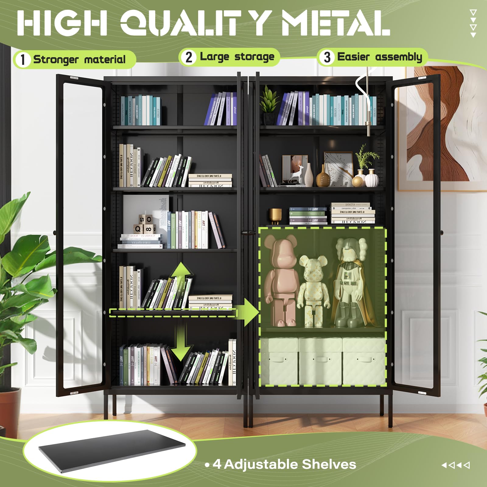 Betterland Black Metal Storage Cabinet with 2 Glass Doors & 4 Shelves - Lockable Curio Display Cabinet for Home, Pantry, Kitchen - Perfect for Showcasing Collectibles, Storing Spices, or Organizing Kitchen Supplies