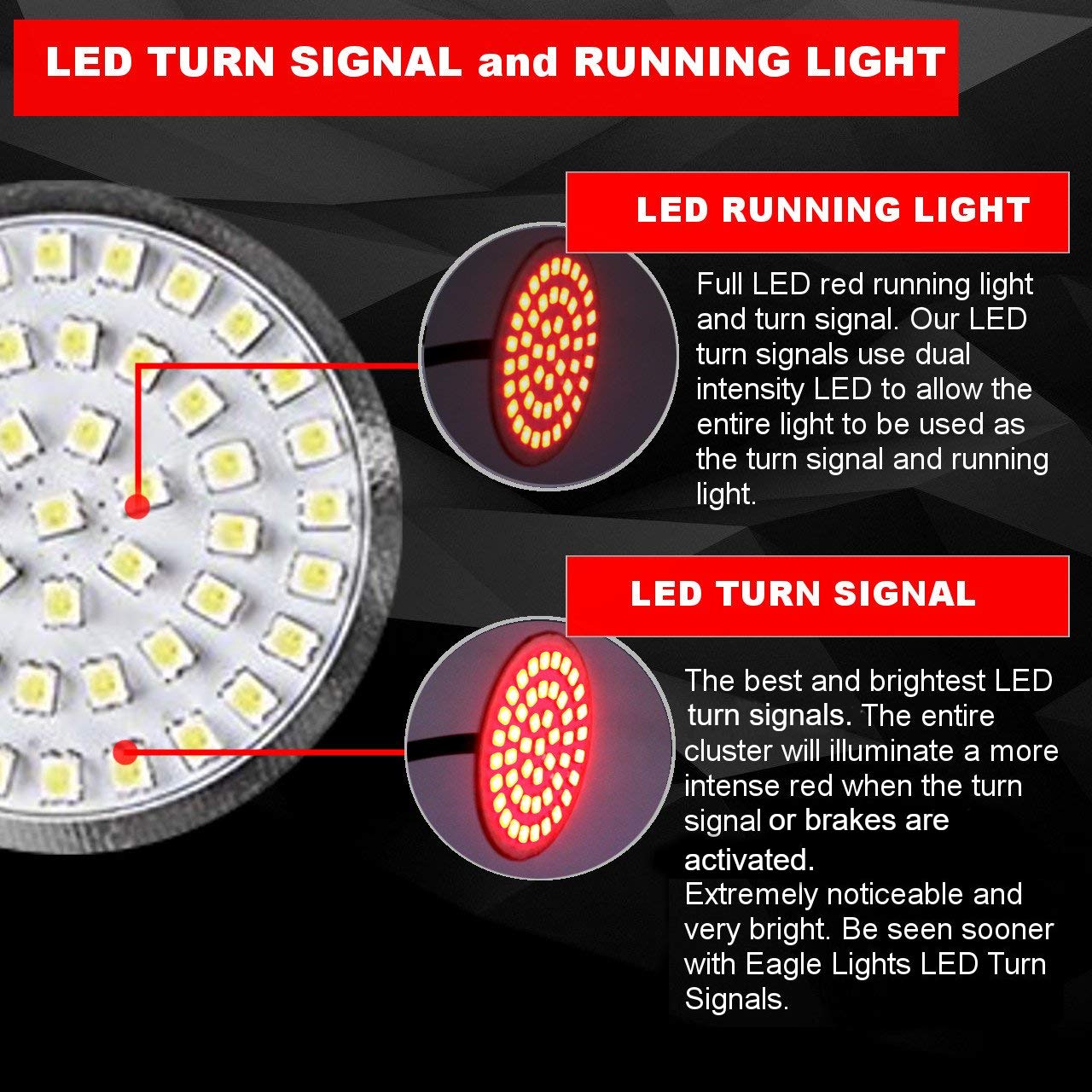 Eagle Lights Gen II 2 Inch LED Turn Signals with White Running Lights - Front & Rear 1157 LED Turn Signal Kit for Harley Davidson Motorcycles - No Smoked Lenses - Perfect for Night Riding and Enhanced Visibility