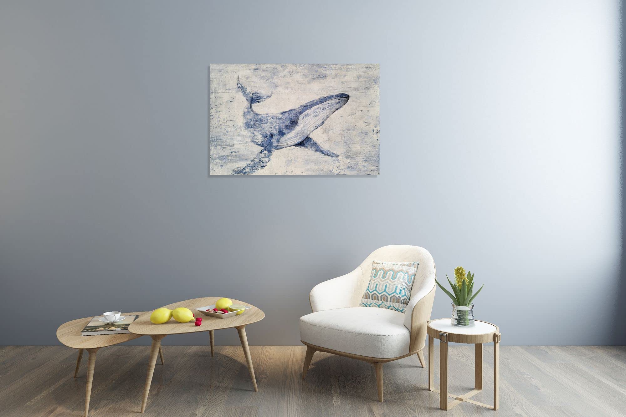 Hand Painted Blue and White Abstract Whale Canvas Wall Art - Modern Coastal Animal Painting for Living Room, Bedroom, Bathroom Decor | Perfect for Beach House, Nursery & Office Wall Decoration