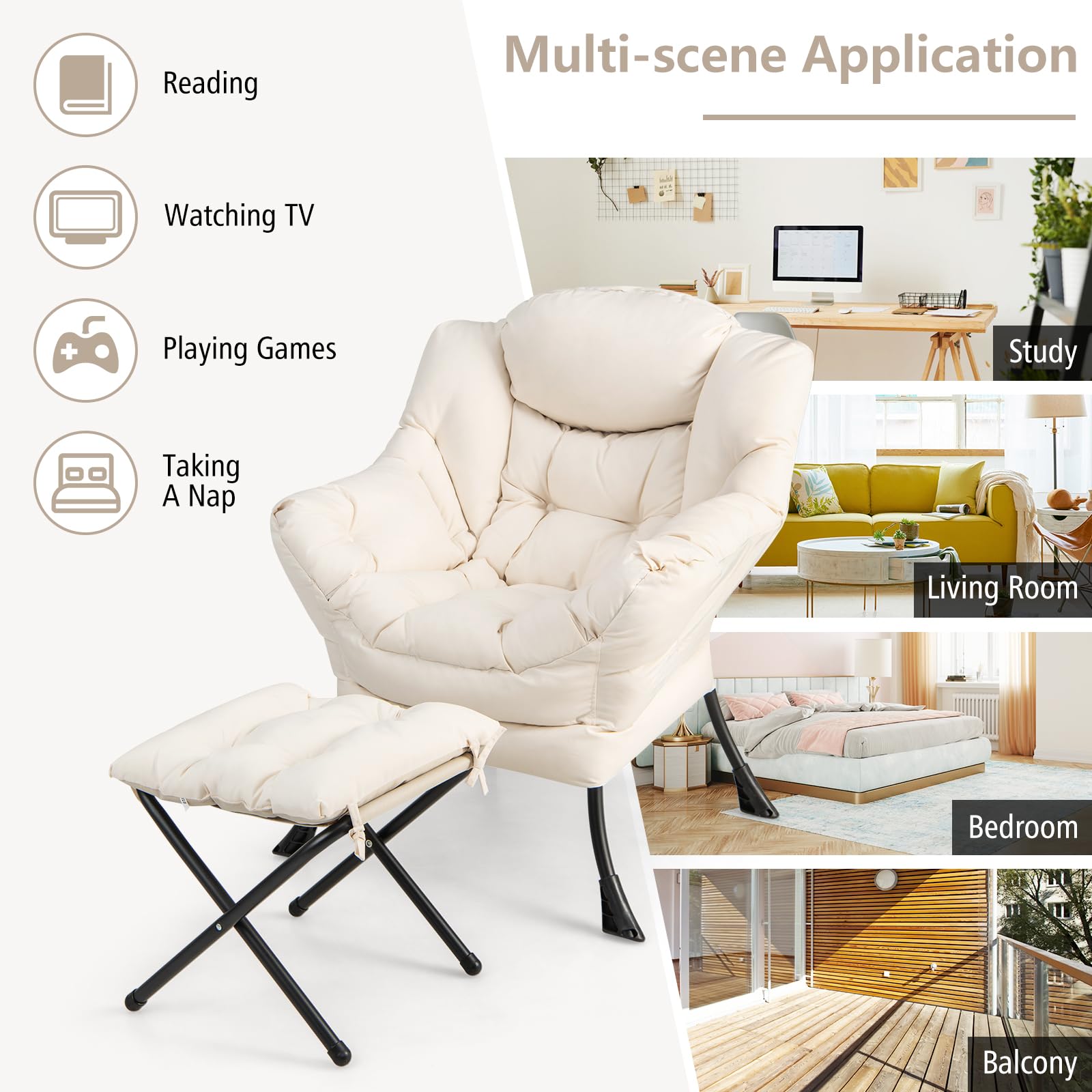 Giantex Recliner Chair with Ottoman - Upholstered Lounge Armchair with Folding Footrest & Side Storage Pocket, Beige Accent Sofa for Living Room, Bedroom, Office - Perfect for Relaxing, Reading & Watching TV