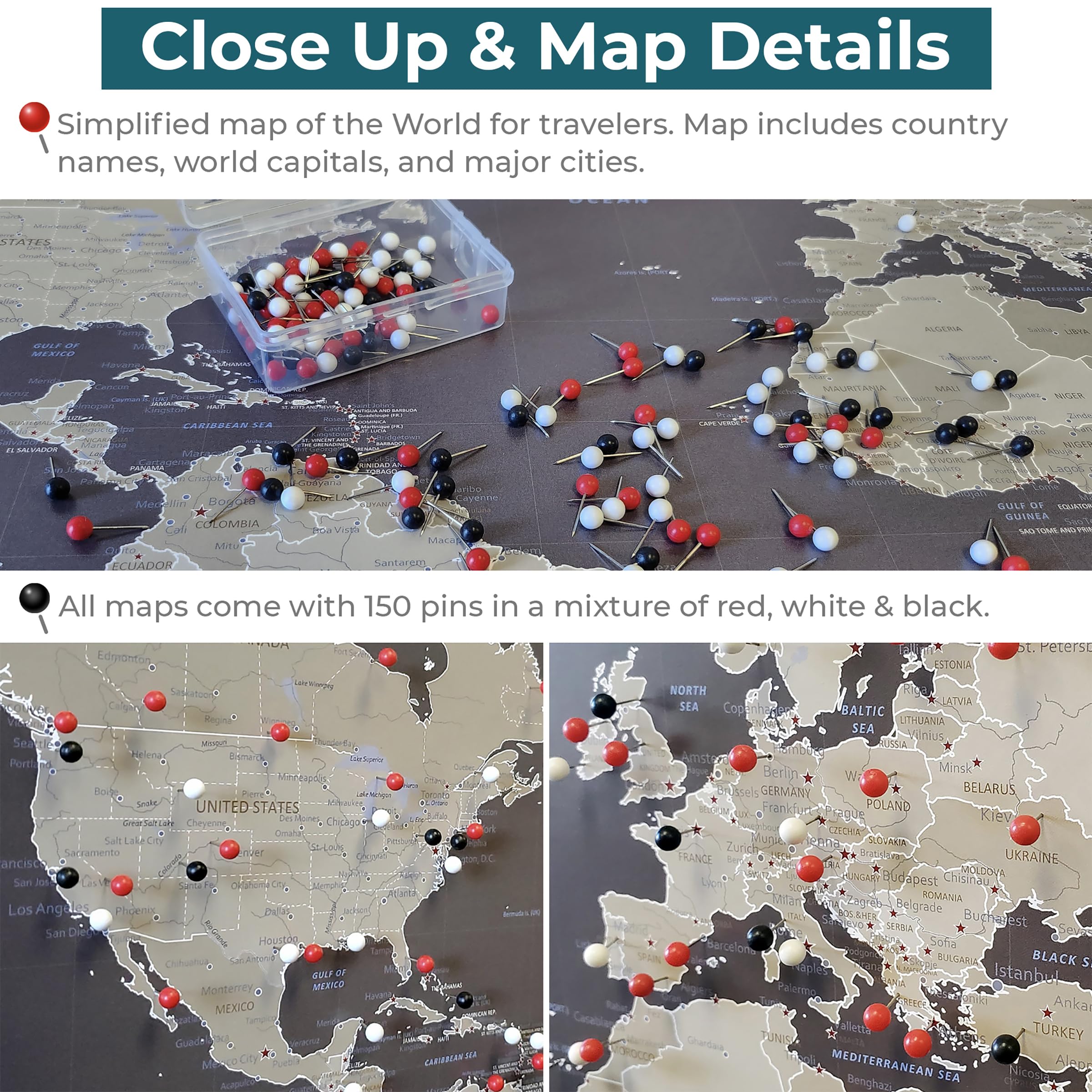 Custom Push Pin Travel Map - Rustic Brown Framed World Wall Art with 150 Pins | Handmade in USA | 27.5x39.5 Inches | Perfect for Home Office Decor & Travel Enthusiast Gifts