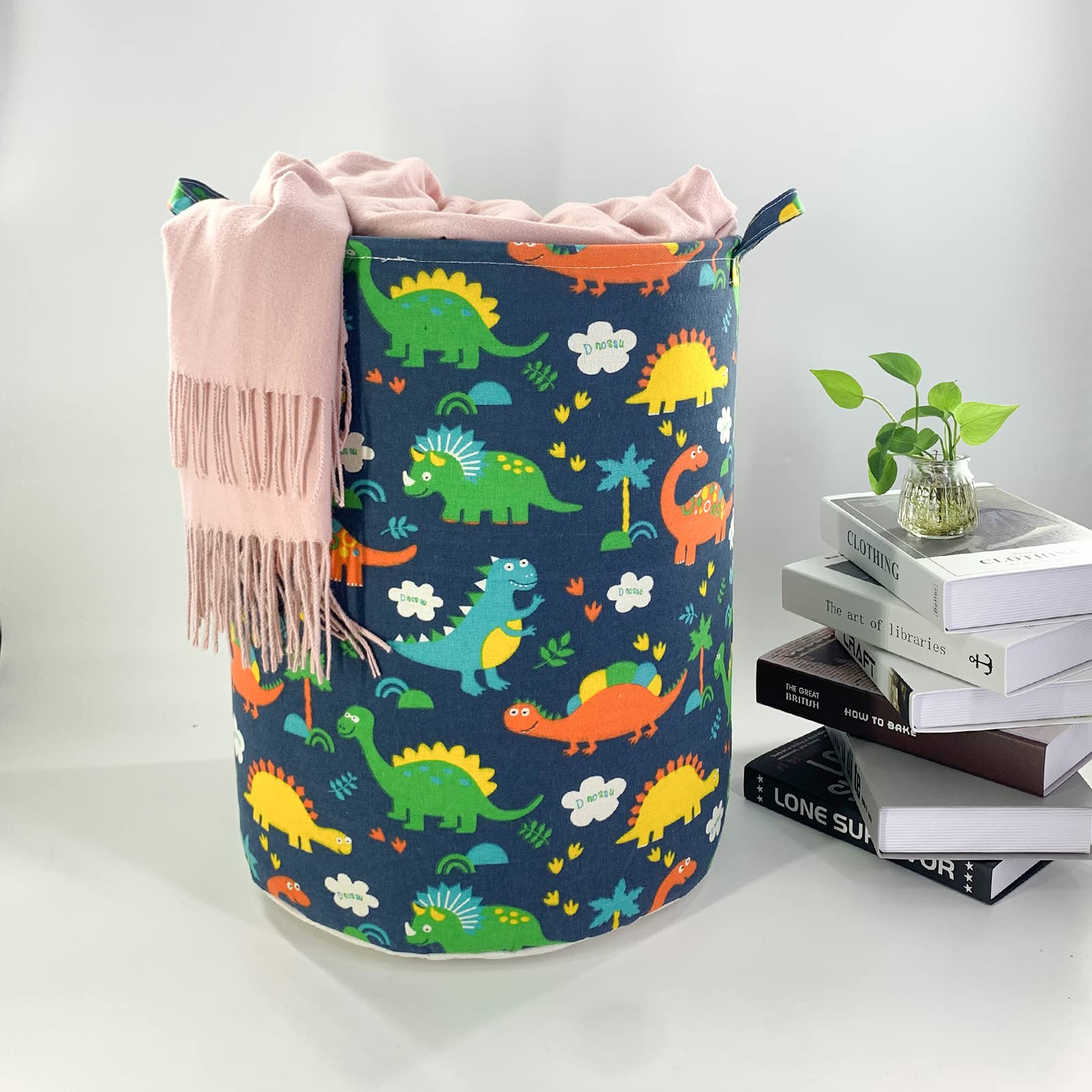 Foldable Storage Baskets - Large Collapsible Laundry Hamper with Handles for Nursery, Toys & Clothes (Blue Dinosaurs)