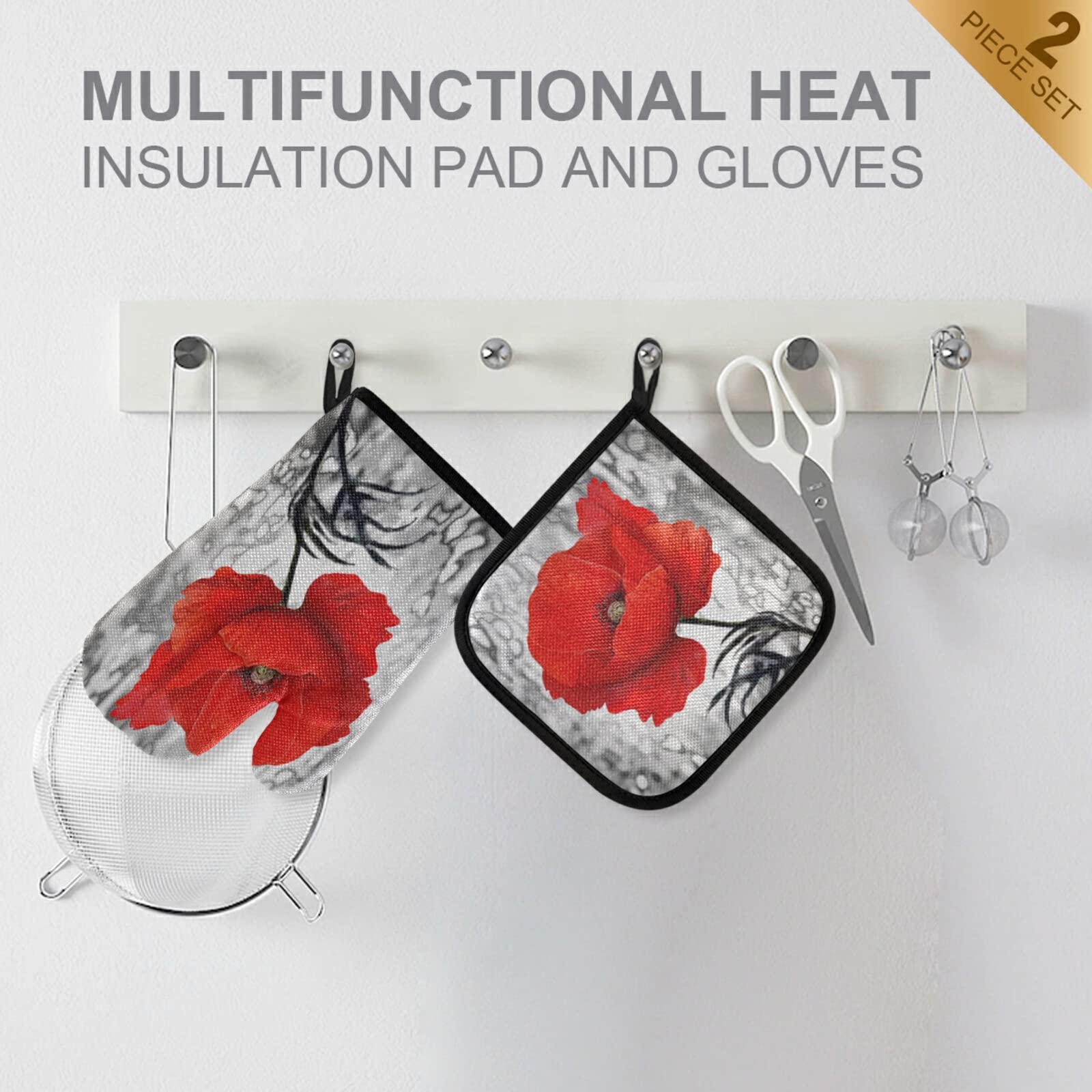 QUGRL Vintage Grey Oil Paintings Red Poppies Oven Mitts & Pot Holders Set - Heat Resistant Kitchen Gloves for Cooking, Baking, BBQ - Perfect for Handling Hot Pans, Bakeware & Cookware