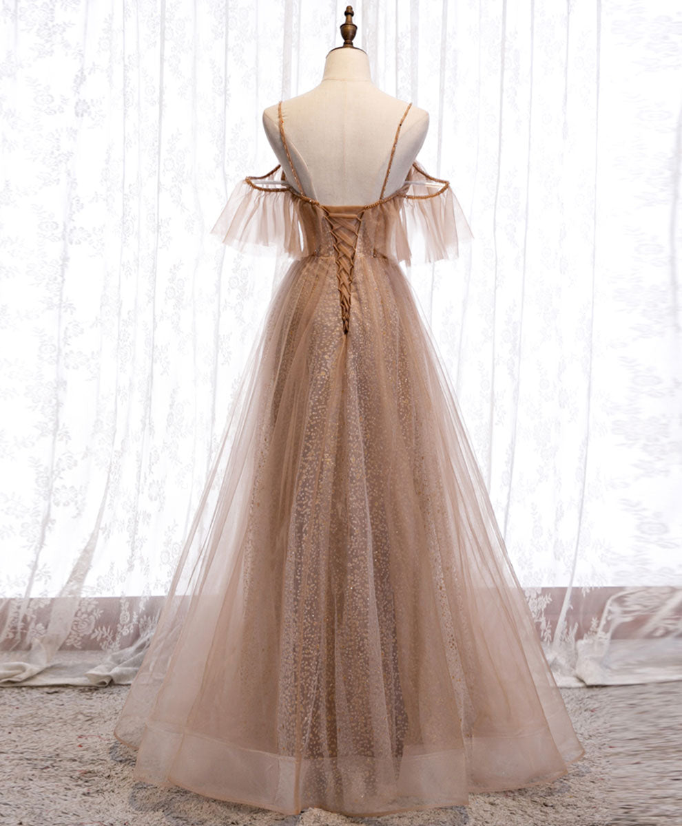 Elegant Champagne Sequin Tulle Long Prom Dress for Evening Gala & Formal Events - Perfect for Homecoming, Wedding, and Special Occasions