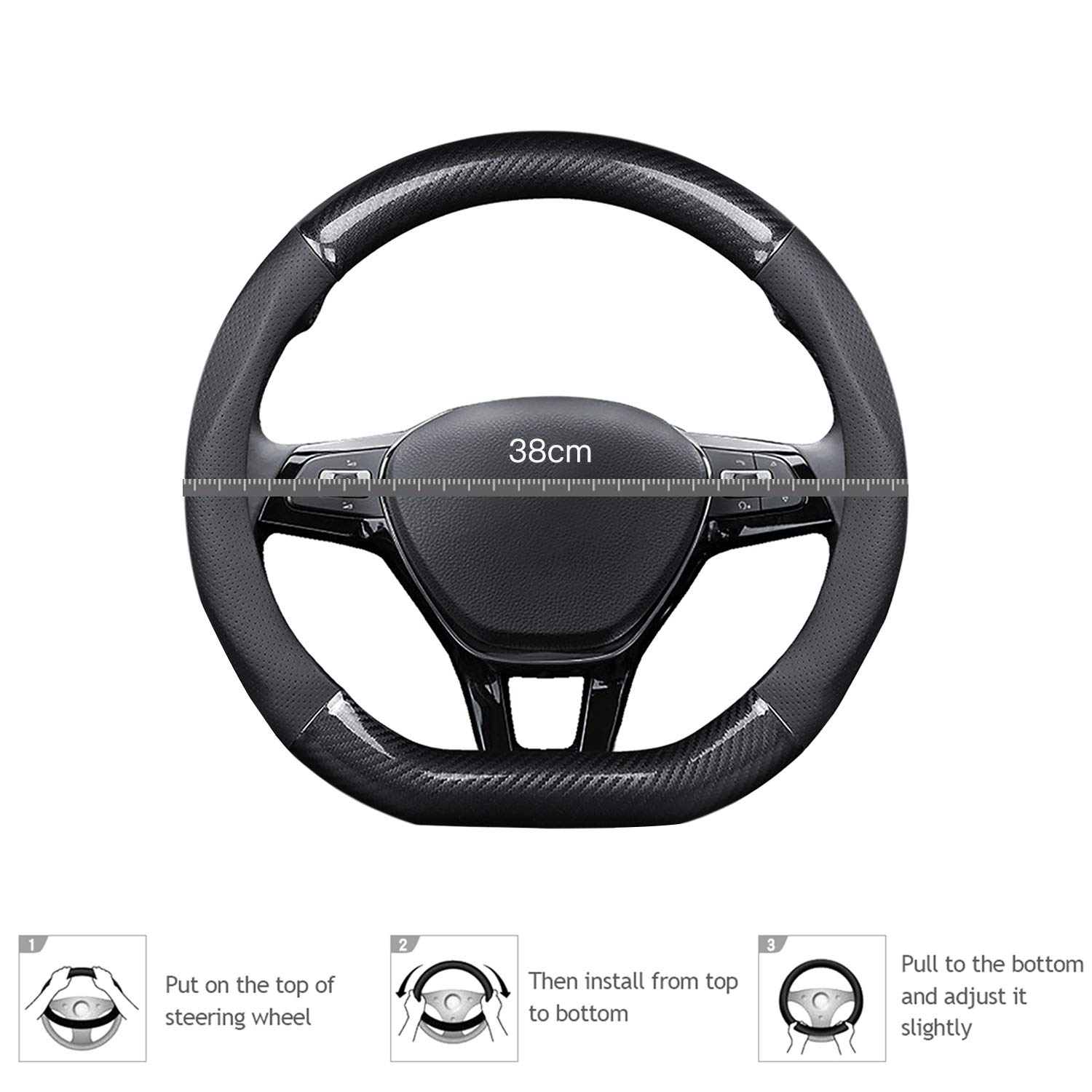 Premium Non-Slip Car Steering Wheel Cover - D-Shaped Carbon Fiber & PU Leather Design - Universal Fit for 38cm (15
