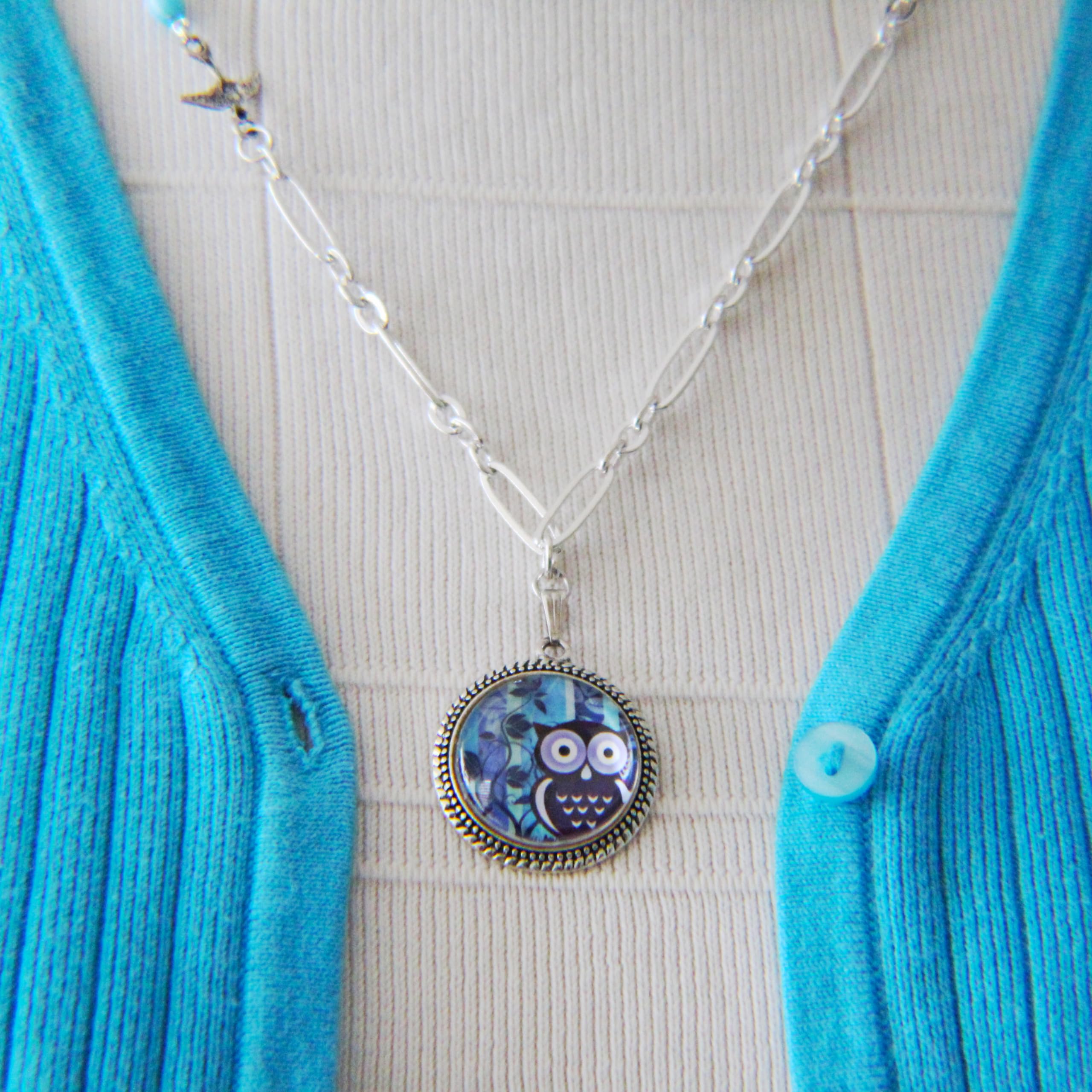 Blue Owl Pendant Necklace with Domed Glass Cabochon - Silver Oval Linked Chain, Custom Length & Extension Chain - Perfect for Gifts, Nature Lovers & Boho Fashion