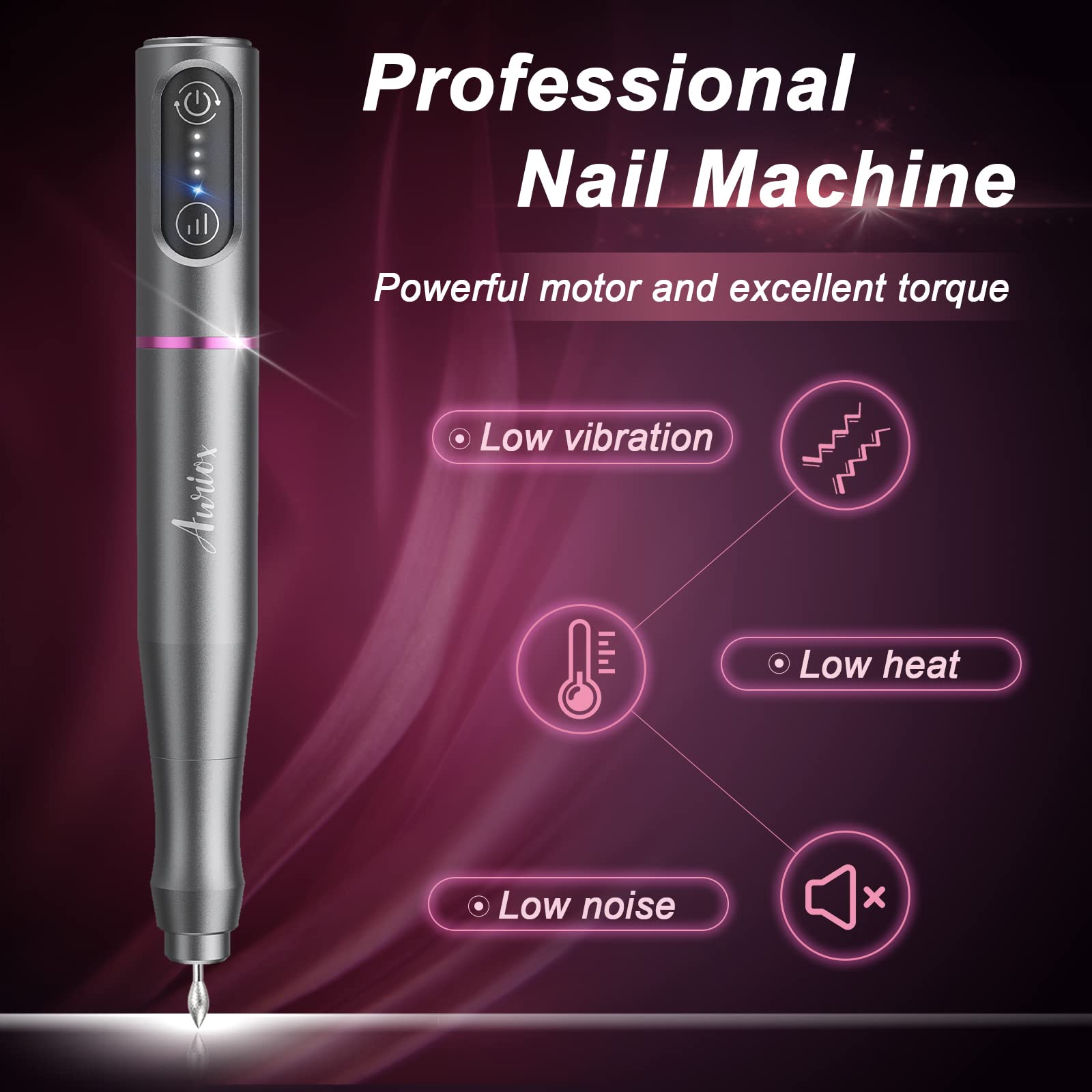 Auriox Professional Cordless Electric Nail Drill & File Kit - Rechargeable Portable Manicure Pedicure Tool with Ceramic Bit for Acrylic, Gel & Natural Nails (Gray) | Perfect for Home Salon & Nail Art Enthusiasts