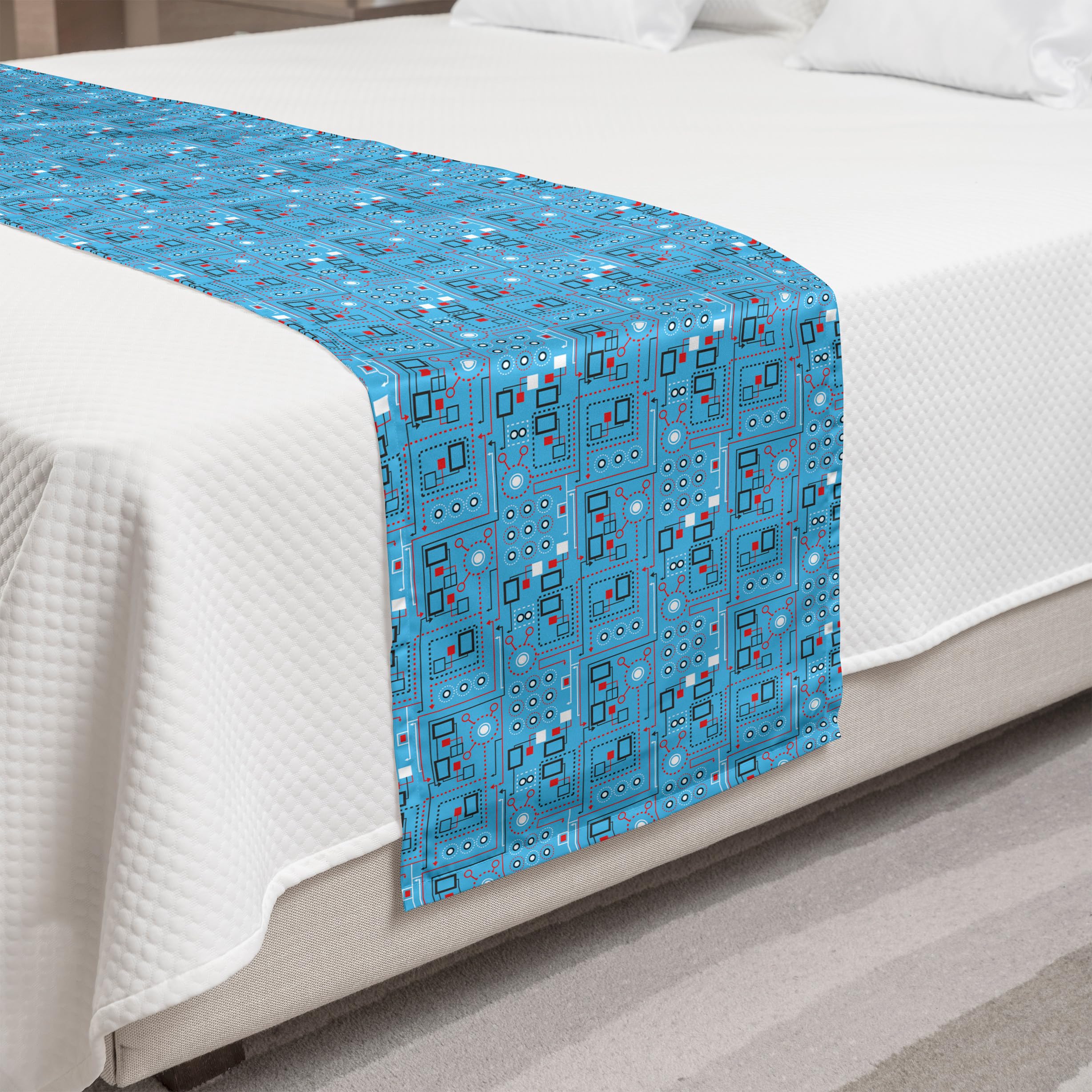Ambesonne Modern Geometric Bed Runner - Lines, Dots & Circles Industrial Print Decorative Accent Scarf | Turquoise Red White Hotel & Home Bedding | Perfect for Guest Rooms, Master Bedrooms & Airbnb Styling