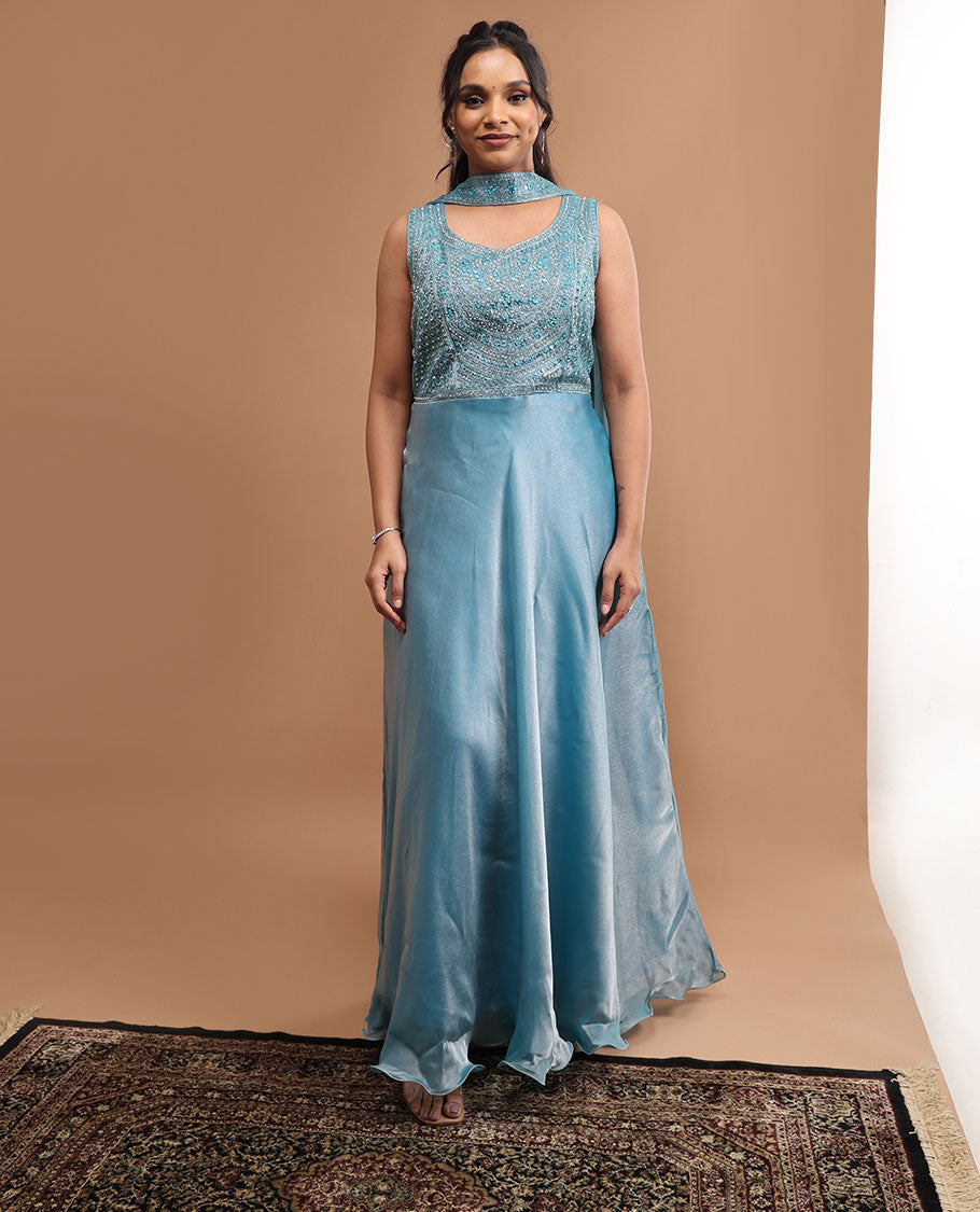 Elegant Blue Embroidered Round Neck Sleeveless Floor-Length Dress with Matching Dupatta - Perfect for Weddings, Parties & Special Occasions