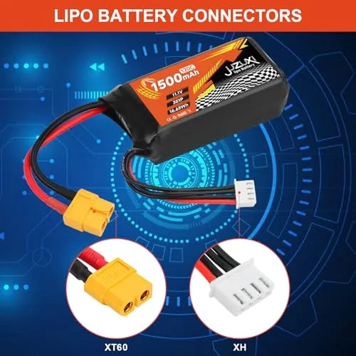 2Pcs 11.1V 1500mAh 3S 120C Lipo Battery Rechargeable Lithium Polymer Battery with XH & XT60 Connector - Compatible with FPV Racing Drones, RC Cars, Boats, Quadcopters, Helicopters & Airplanes - Perfect for High-Speed Racing, Aerial Photography & RC Model Power Supply