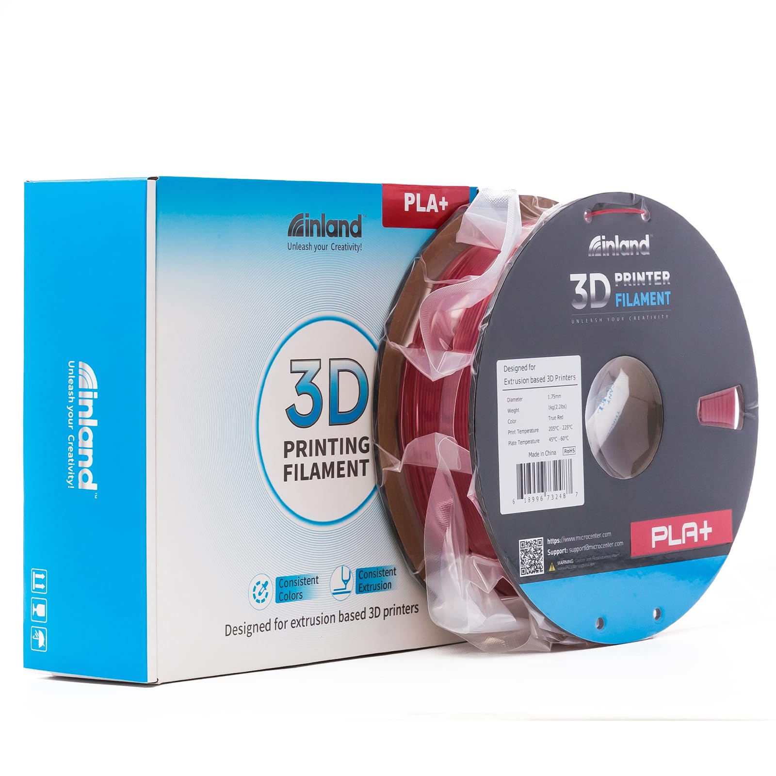 INLAND Micro Center PLA+ 3D Printer Filament 1.75mm - High Precision PLA Plus Filament with +/- 0.03mm Accuracy - 1kg (2.2 lbs) Cardboard Spool - True Red - Perfect for 3D Printing Models, Prototypes & DIY Projects