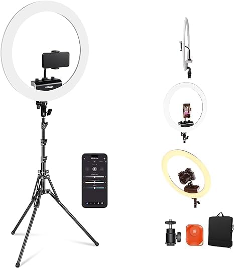 NEEWER 18-inch Professional Ring Light with Stand & Phone Holder - 45W Ultra Thin LED Light, 2900K-7000K Color Temperature, TLCI98, Remote & App Control - Perfect for Makeup, Live Streaming, TikTok Videos, YouTube Content Creation (RP18B Pro, White)