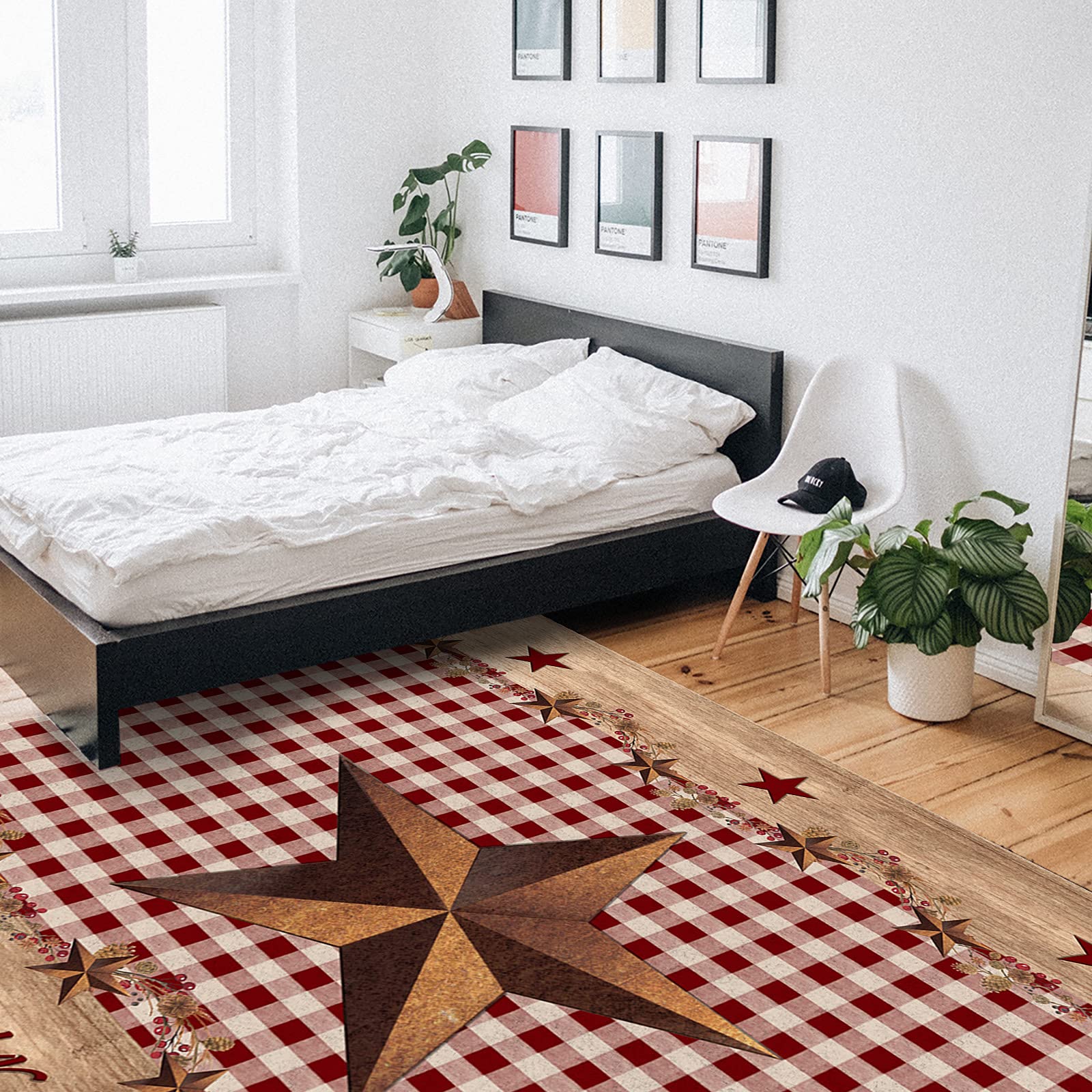 4'x6' Non-Shedding Outdoor Rug - Buffalo Check Plaid in Retro Red & White - Perfect for Bedroom, Living Room, Kitchen & Bathroom Decor | Durable Country Star with Berry Design for Wood Home & Patio Use
