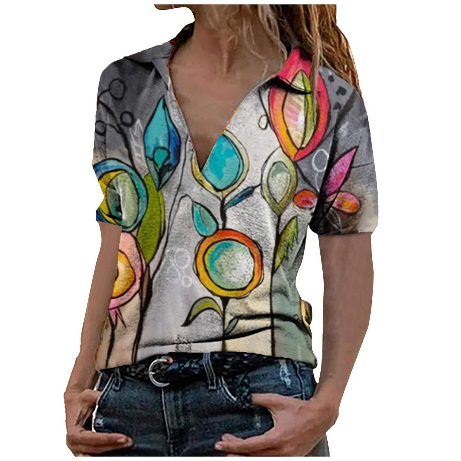 Women's Casual V-Neck Collared Short Sleeve Retro Printed T-Shirt - Loose Fit Tunic Top for Summer - Plus Size Blouse | Perfect for Beach Outings, Weekend Brunch & Casual Office Wear