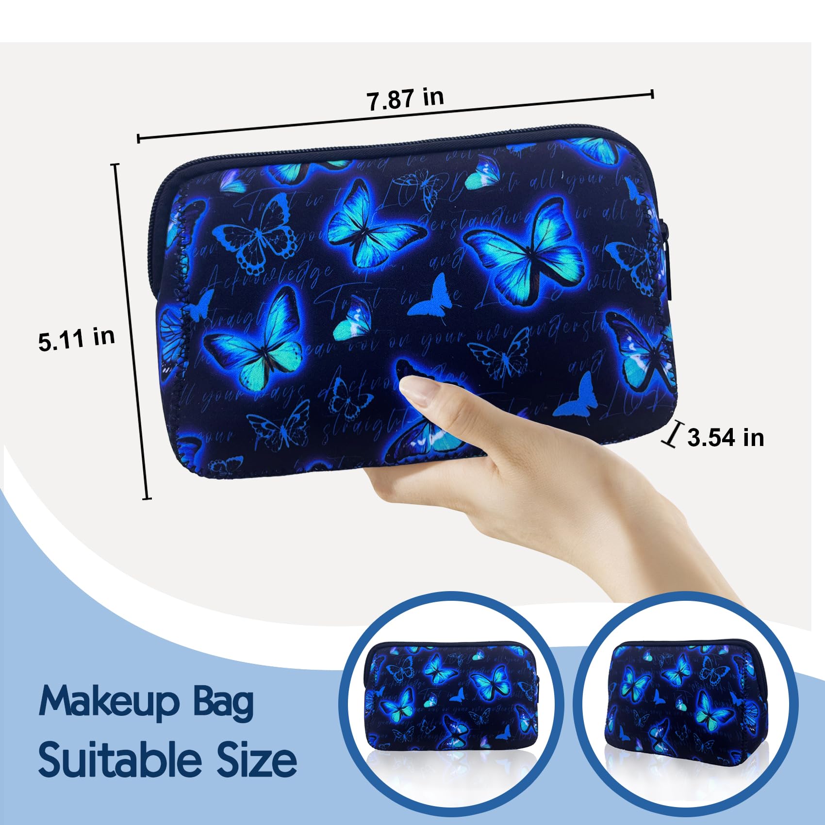 Waterproof Neoprene Makeup Bag with Butterfly Print - Cute Zippered Cosmetic Pouch for Women, Travel Toiletry Organizer - Perfect Gift for Teacher, Mom, Sister & Girlfriend - Great for Travel, Gym, Beach & Daily Use