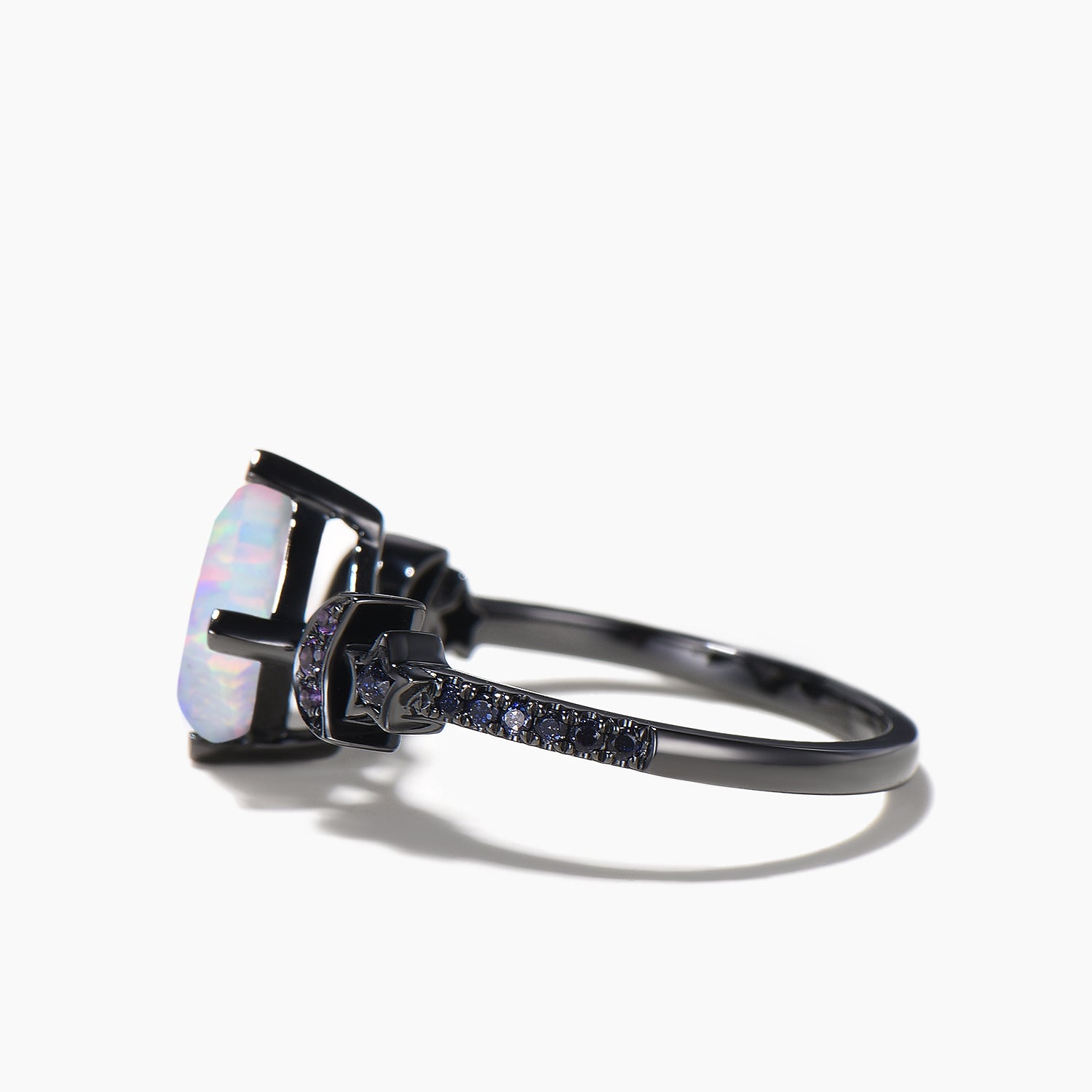 Princess Cut Opal Engagement Ring in Black Gold with Moon & Star Amethyst Sandstone Accents - Perfect for Wedding Proposals, Anniversary Gifts & Romantic Occasions