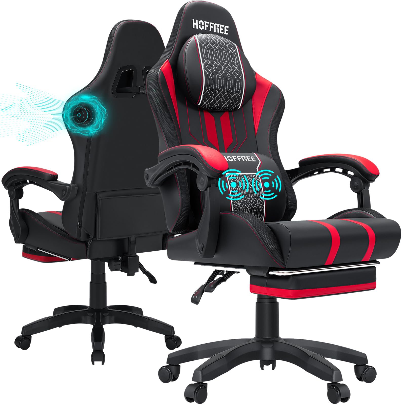 HOFFREE Big and Tall Gaming Chair with Massage, Bluetooth Speakers & Footrest - Ergonomic Video Game Chair for Heavy People up to 400lbs - Red and Black Design - Perfect for PC Gaming, Streaming & Office Work