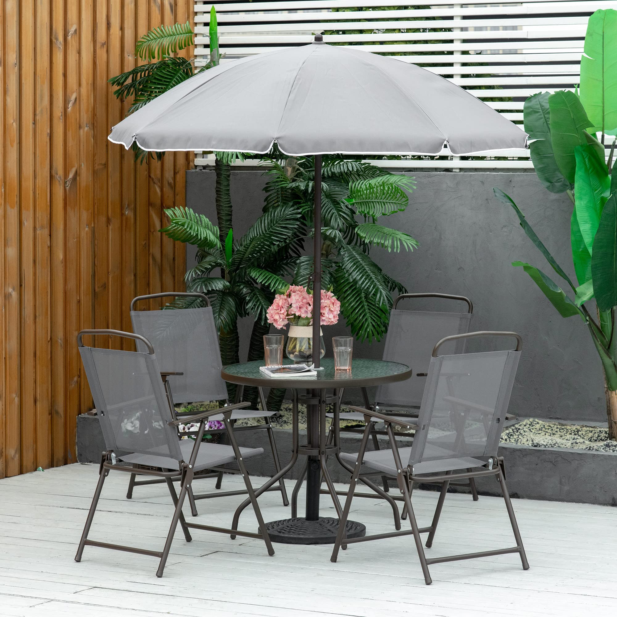 Outsunny 6-Piece Gray Patio Dining Set for 4 with Umbrella - Outdoor Round Glass Table & 4 Folding Chairs for Garden, Backyard, Poolside & BBQ Parties | Weather-Resistant & Space-Saving Design