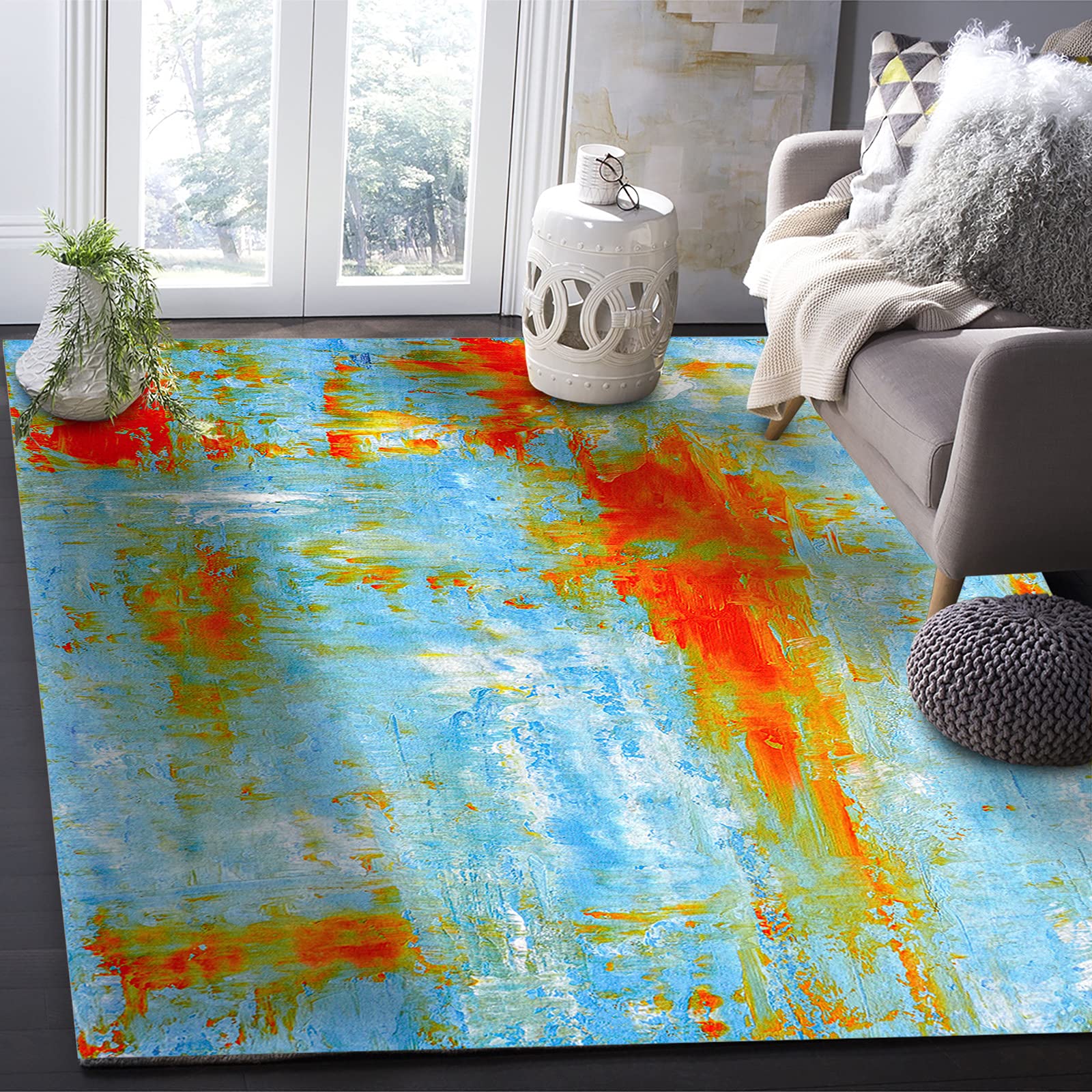 Abstract Geometric Graffiti Art Area Rug 3'x5' - Washable Indoor/Outdoor Runner for Kitchen, Living Room, Bathroom & Bedroom - Non-Slip Doormat & Desk Mat in Orange, Red & Blue Oil Painting Design - Perfect for Home Decor, Office & Classroom Use