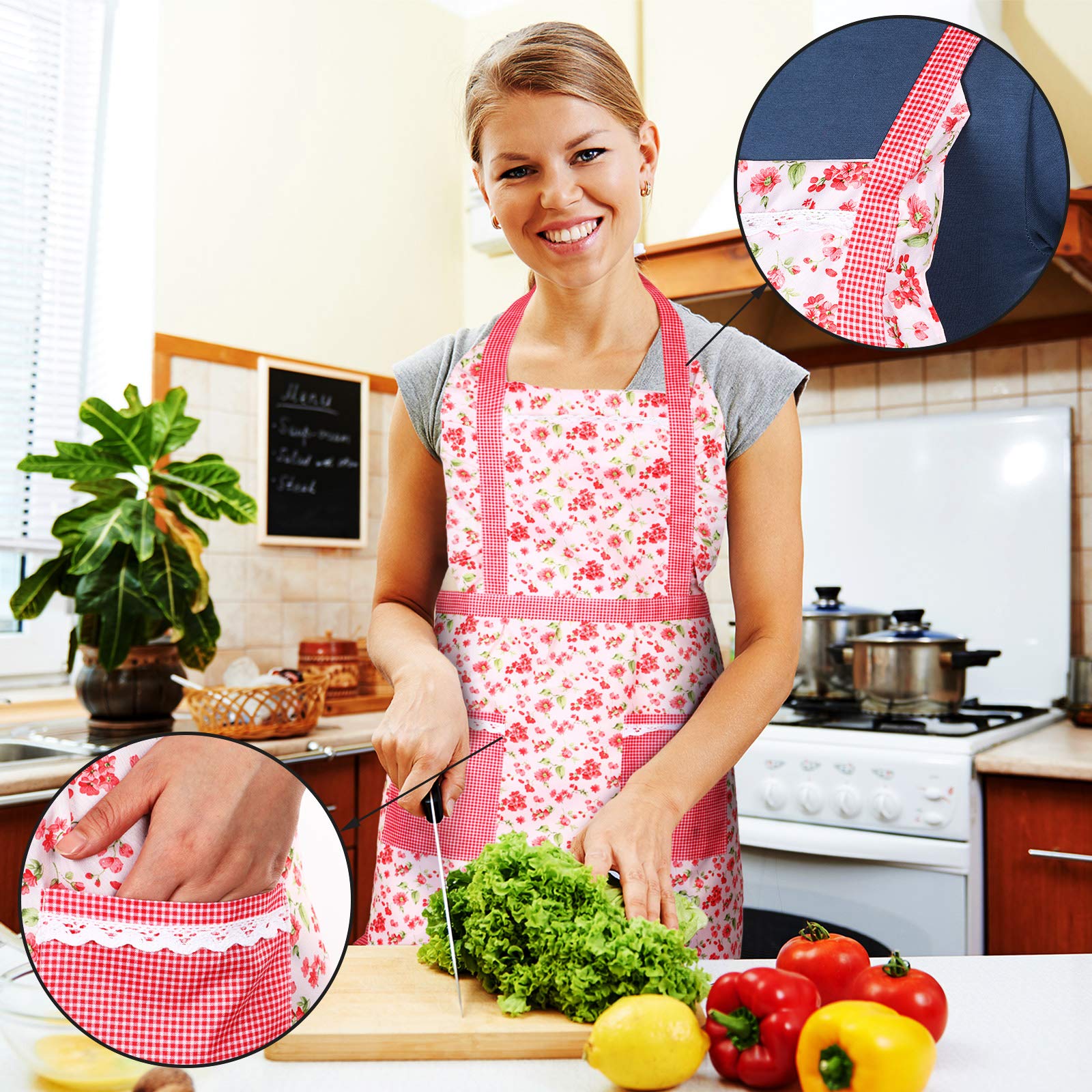 SATINIOR 3-Piece Cute Floral Kitchen Aprons for Women with Pockets & Adjustable Waist - Perfect for Cooking, Baking, BBQ, Housework and Hosting Parties