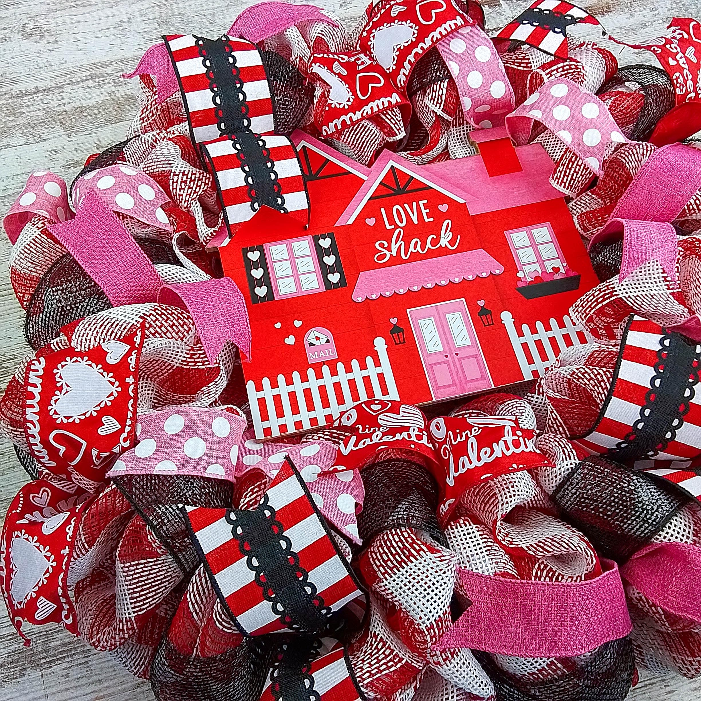Valentine's Day Wreath - Love Shack Farmhouse Rustic Door Decor in Red, White, Black & Pink - Perfect for Valentine's Decorations, Front Door Welcome Wreath & Seasonal Home Decor