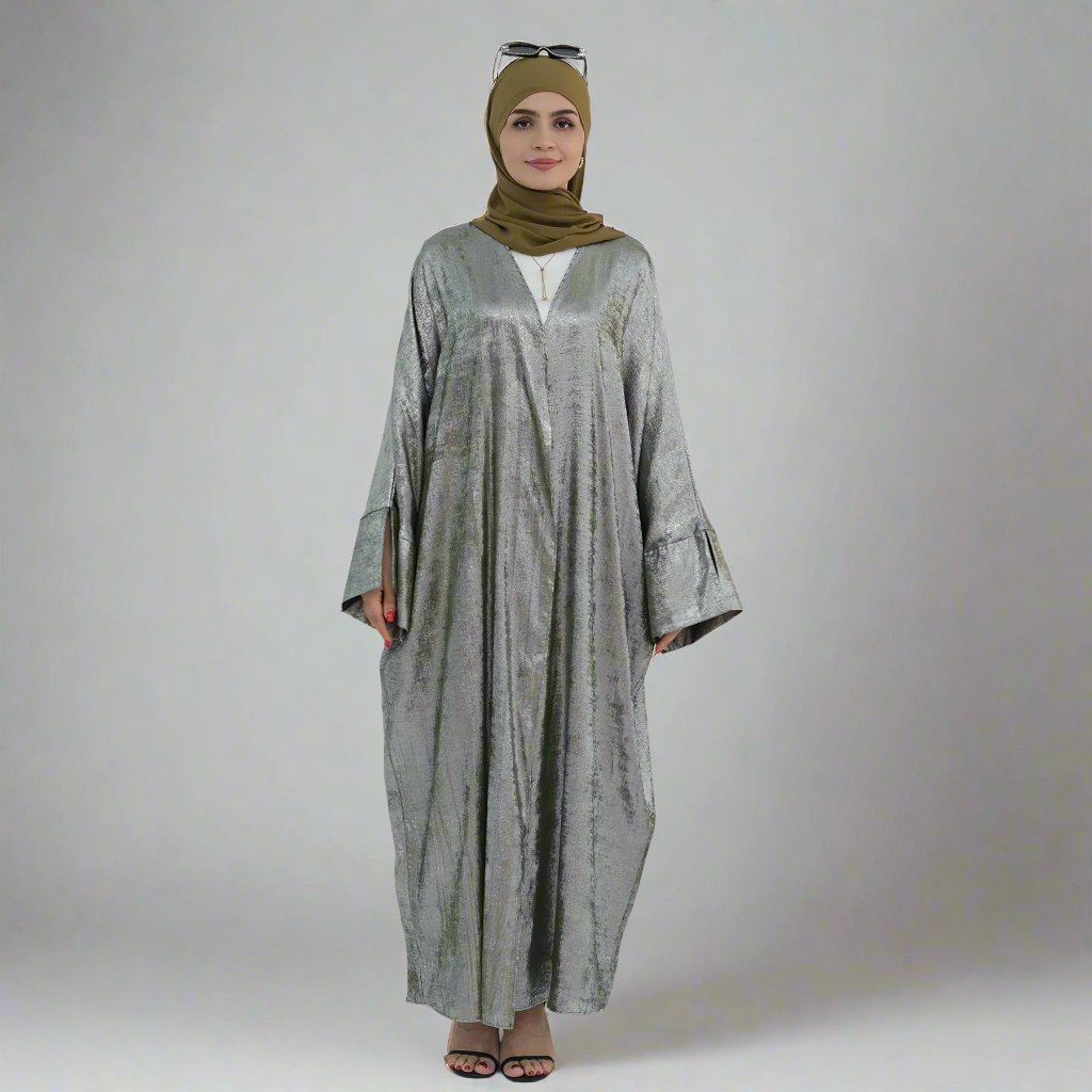 Celine Shimmer Kimono Open Abaya - Olive Green Islamic Abaya Dress for Women | Elegant Loose Fit Abaya for Prayer, Mosque, Eid & Special Occasions