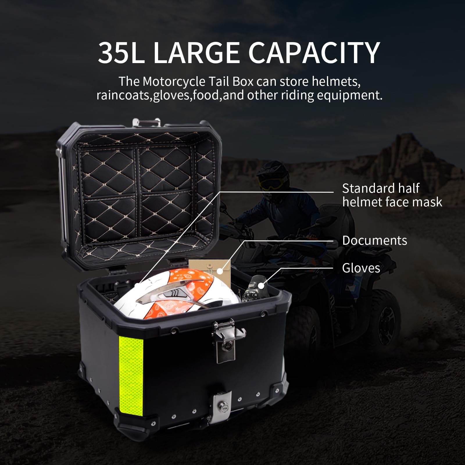 Universal 35L Aluminum Motorcycle Top Case with Security Lock - Waterproof Helmet Luggage Storage for Harley, Honda, Yamaha (Black) - Perfect for Commuting, Touring & Road Trips