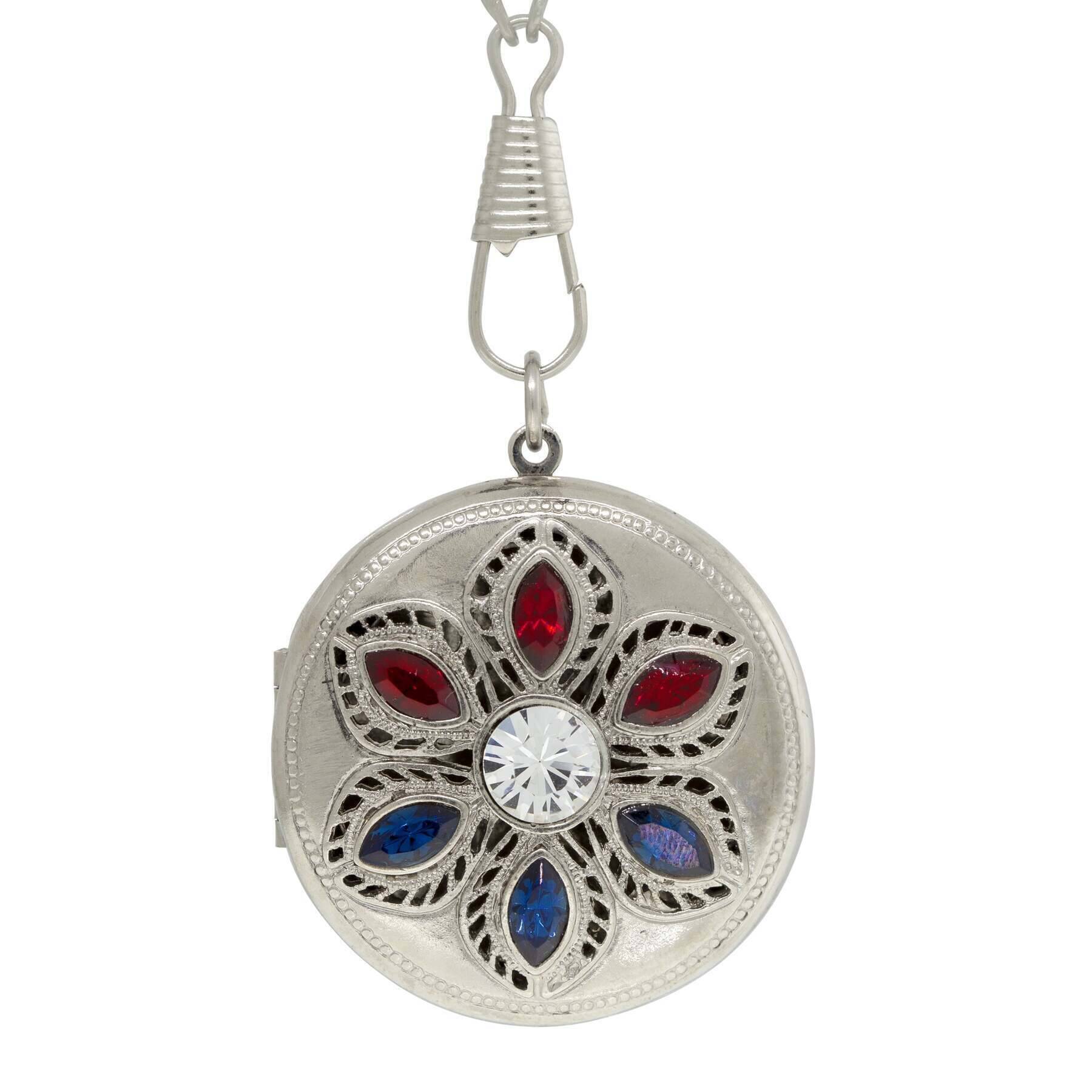 1928 Patriotic Red White and Blue Crystal Locket Necklace - Vintage American Flag Jewelry for Women, Perfect for 4th of July, Memorial Day & Independence Day Celebrations