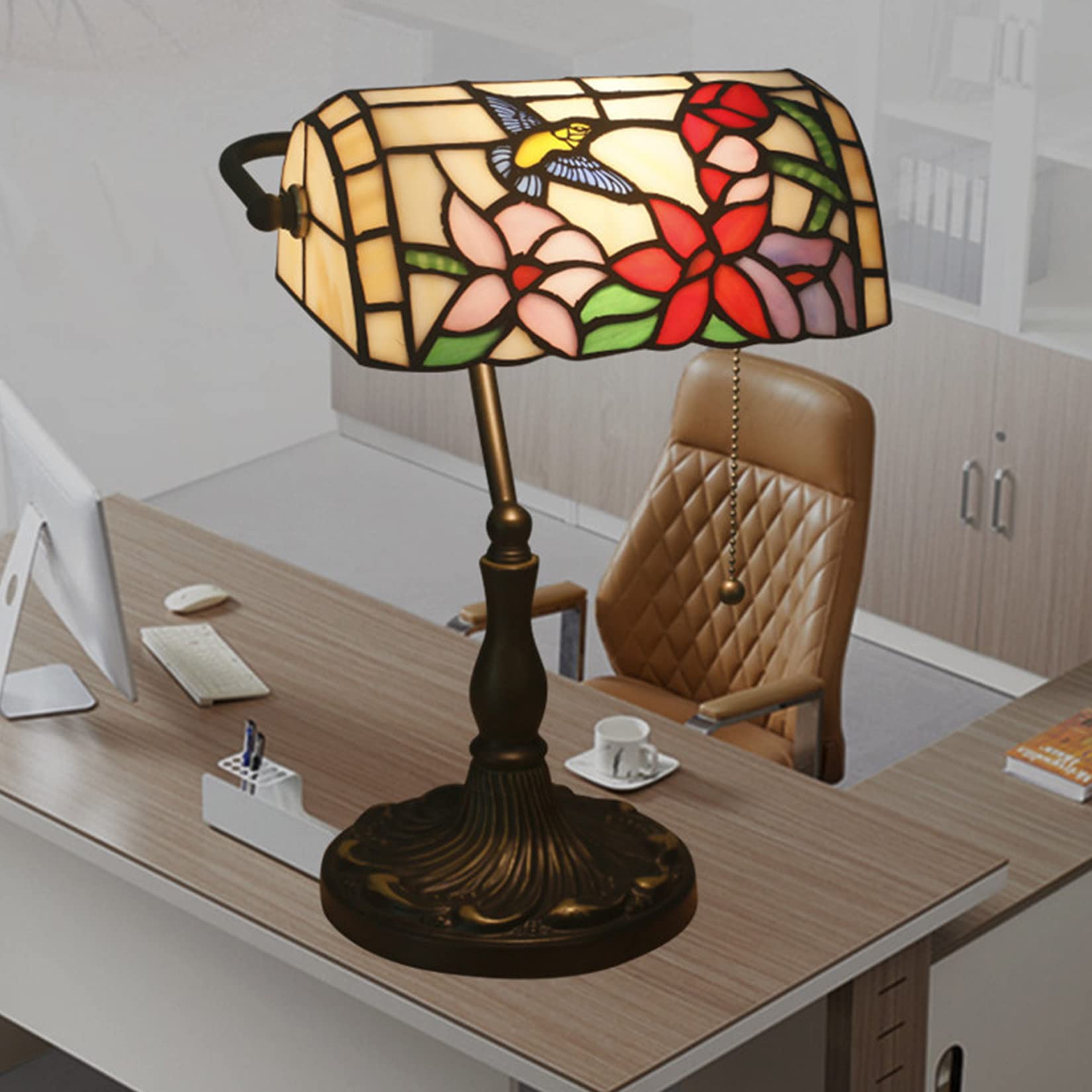 Vintage Tiffany Style Bankers Lamp - Stained Glass Shade & Antique Alloy Base Desk Light for Office, Piano, Bedroom, Living Room | Classic Green Table Lamp for Reading, Study & Night Light