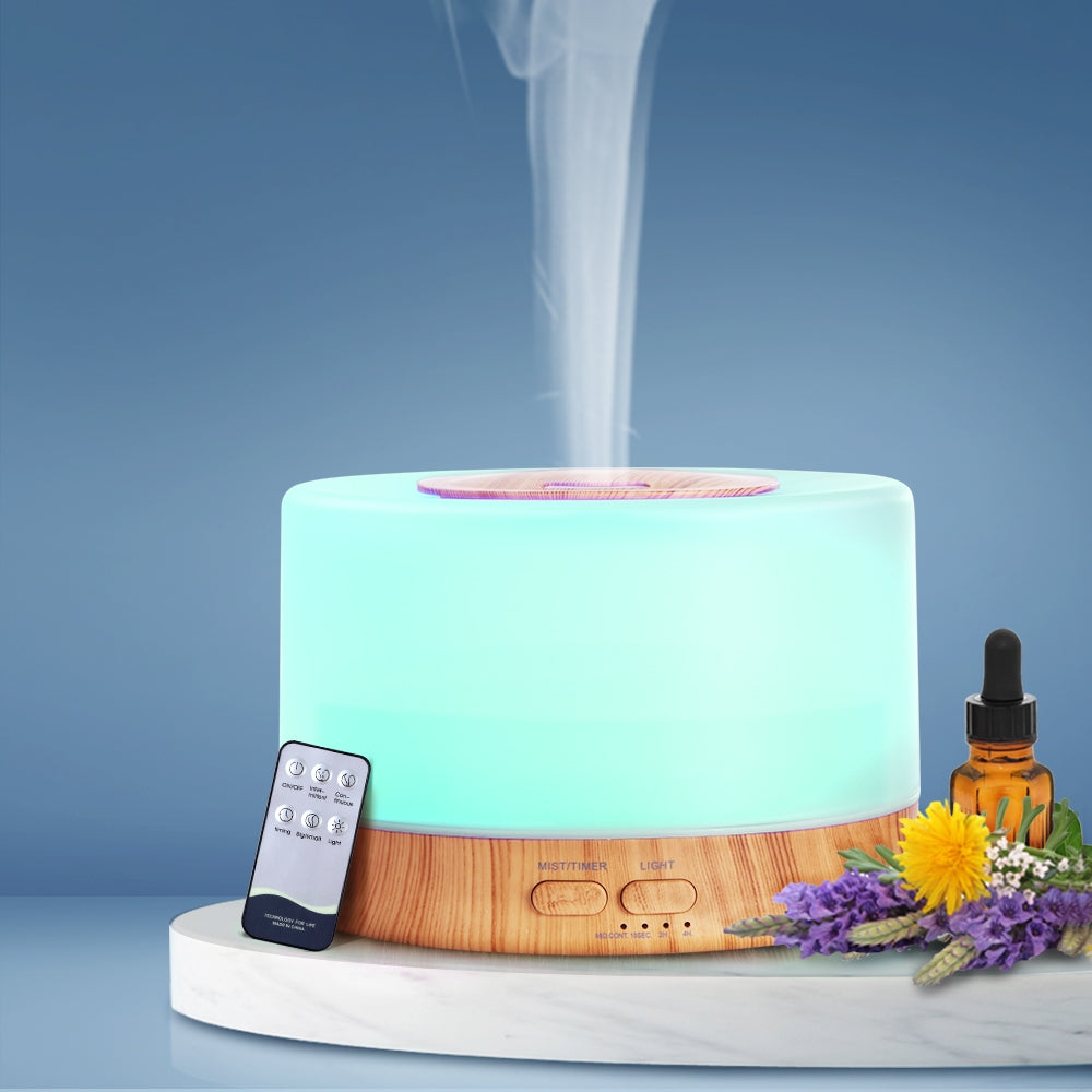 Devanti 500ml Wood Grain Aroma Diffuser - Ultrasonic Essential Oil Diffuser with 7 Color LED Lights for Home, Office, Yoga & Spa Relaxation