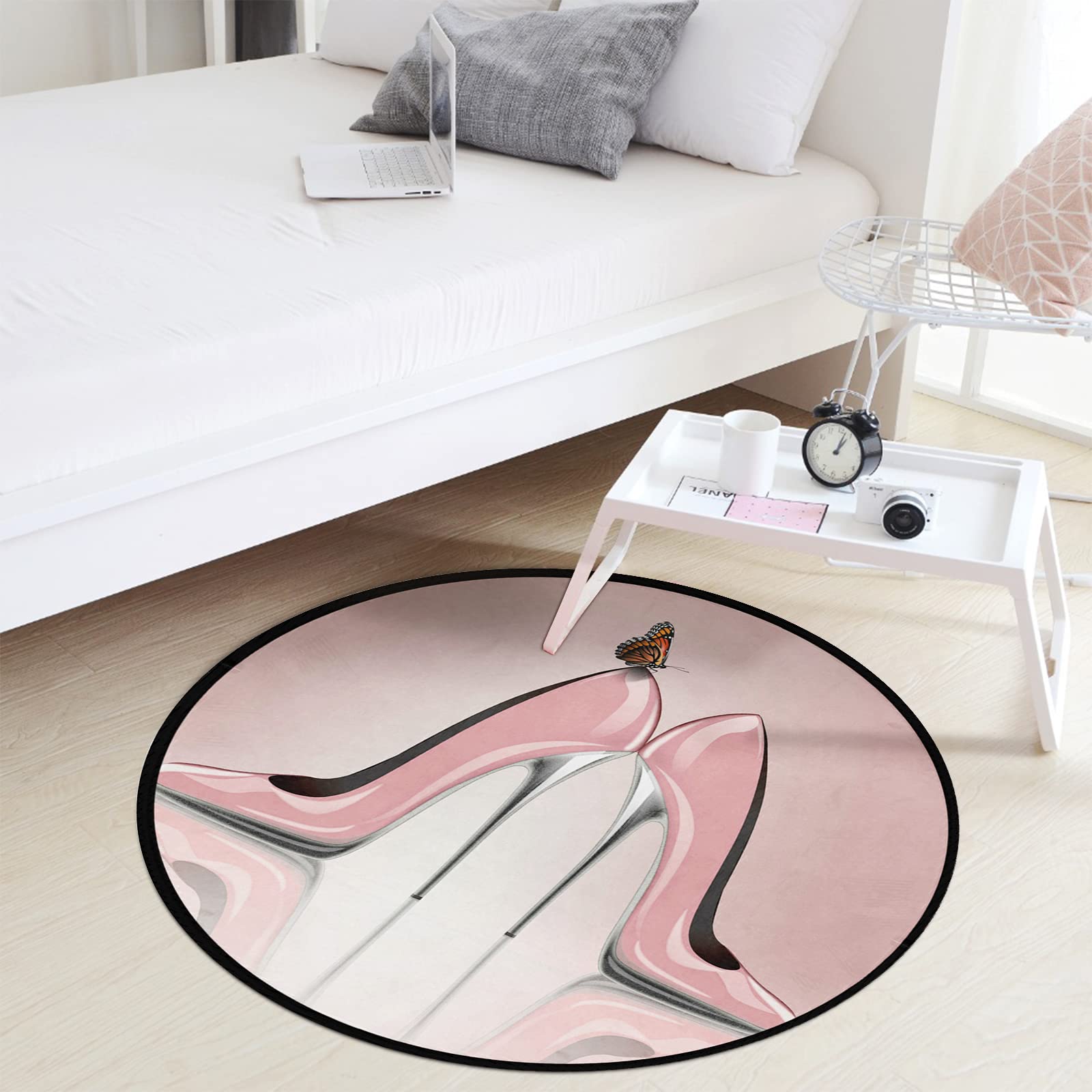 ALAZA Butterfly High Heel Shoes Round Area Rug - 3' Diameter (92 cm) Non-Slip Soft Carpet for Living Room, Bedroom, Dorm Decor - Perfect for Home, Office, and Gift Giving