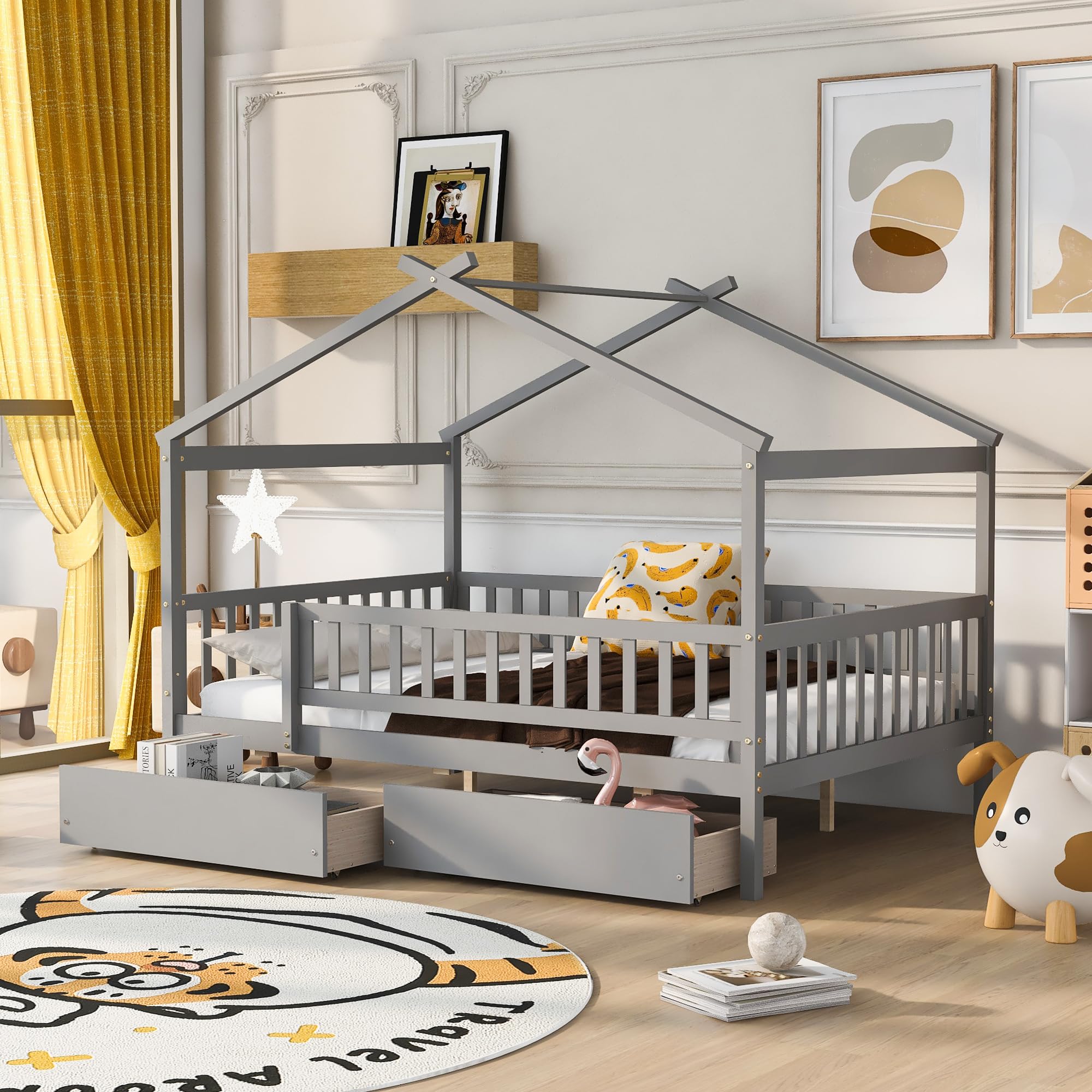 Montessori Full Size Platform Bed Frame for Kids - Solid Wood House Bed with 2 Storage Drawers, Guardrails & Roof - Gray Full Bed for Girls & Boys - Perfect for Small Bedrooms & Montessori Learning Spaces
