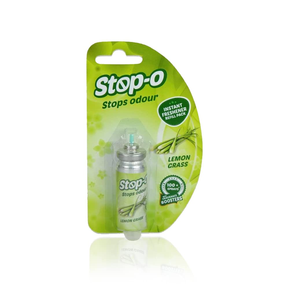 Stop-O One Touch Power Spray - Instant Bathroom & Toilet Freshener with Lemongrass & Lavender Scent | 100 Sprays per Refill (1 Dispenser + 3 Refills) | Eliminates Odors Fast for Home, Office & Public Restrooms