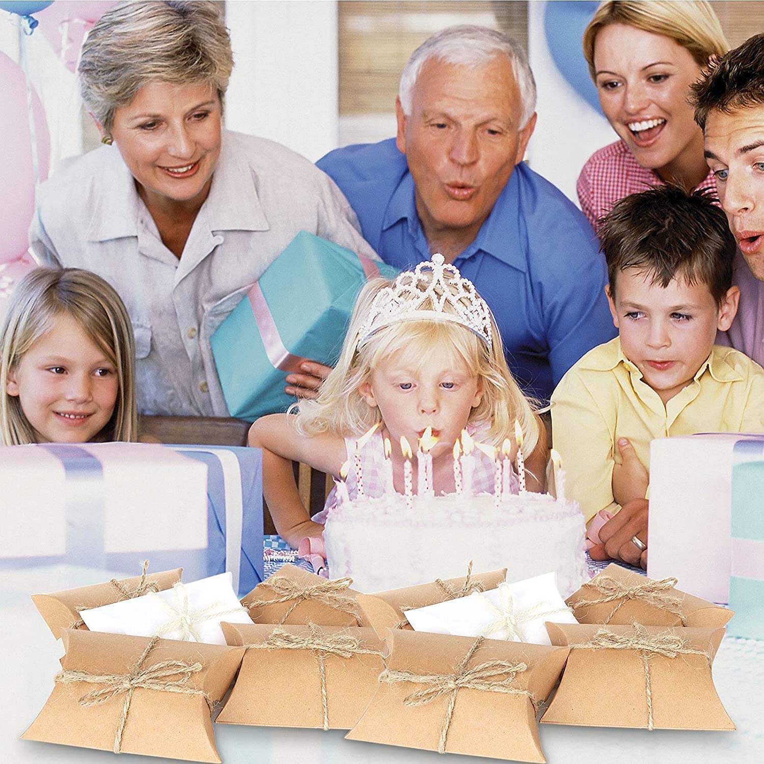 Kraft Paper Pillow Candy Boxes - 60 Pcs Foldable Gift Boxes with Jute Rope for Wedding Favors, Party Decorations, Birthday Gifts & Holiday Treats | Perfect for Candy, Chocolate, Small Gifts & DIY Craft Projects