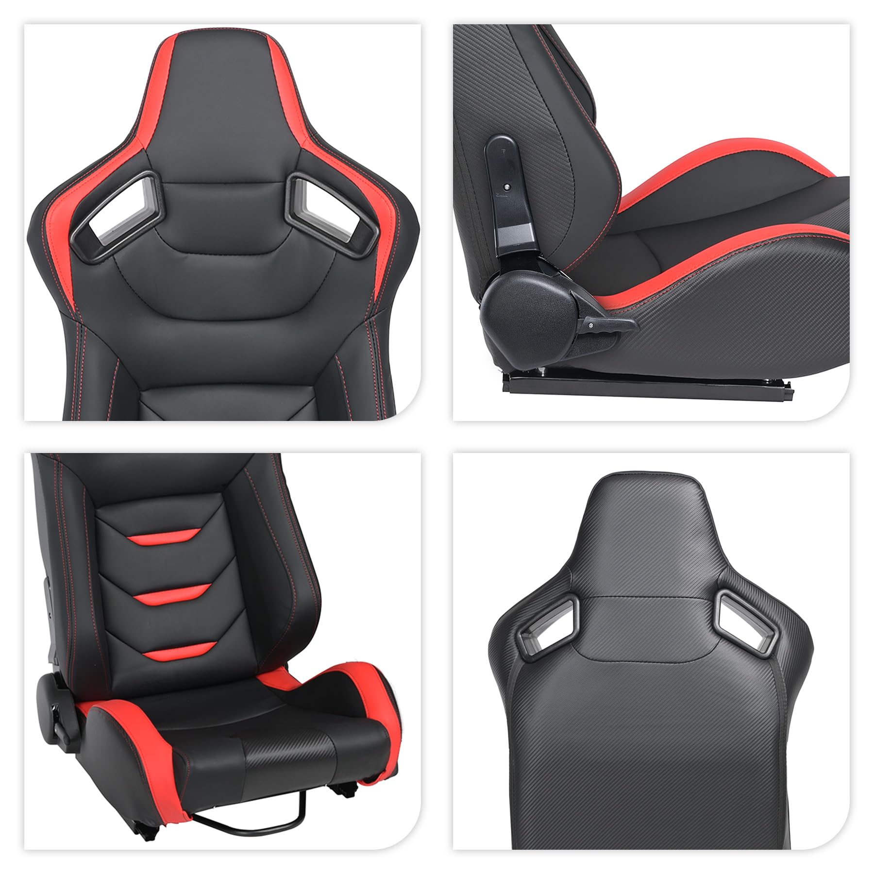 2 Pack Universal Racing Bucket Seats with Dual Lock Sliders - Adjustable PVC Leather Car Seats for Sports Cars & Drifting (Black & Red) - Perfect for Racing Enthusiasts & Car Modifications