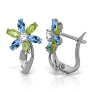 1.1 Carat 14K Solid White Gold Diamond Earrings with Blue Topaz & Peridot Gemstones - Elegant Dangle Earrings for Women, Perfect for Weddings, Parties & Special Occasions